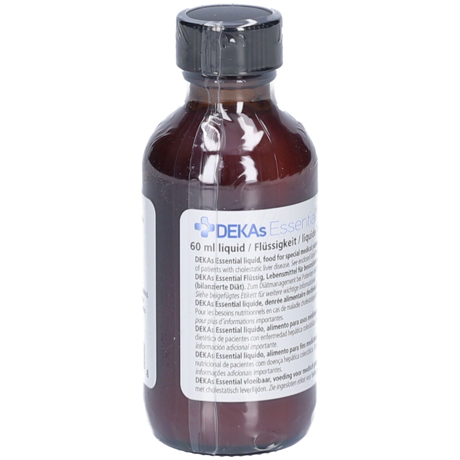 Flacon en verre brun avec bouchon noir. Étiquette avec texte: DEKAS Essential, 60 ml liquide.