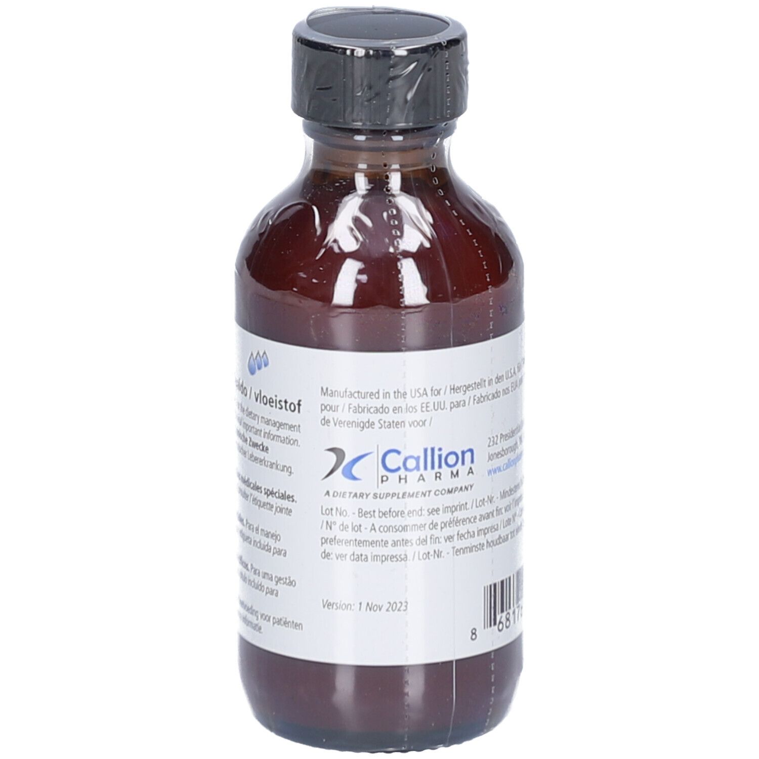 Flacon en verre brun avec bouchon noir. Étiquette avec texte. Callion Pharma.