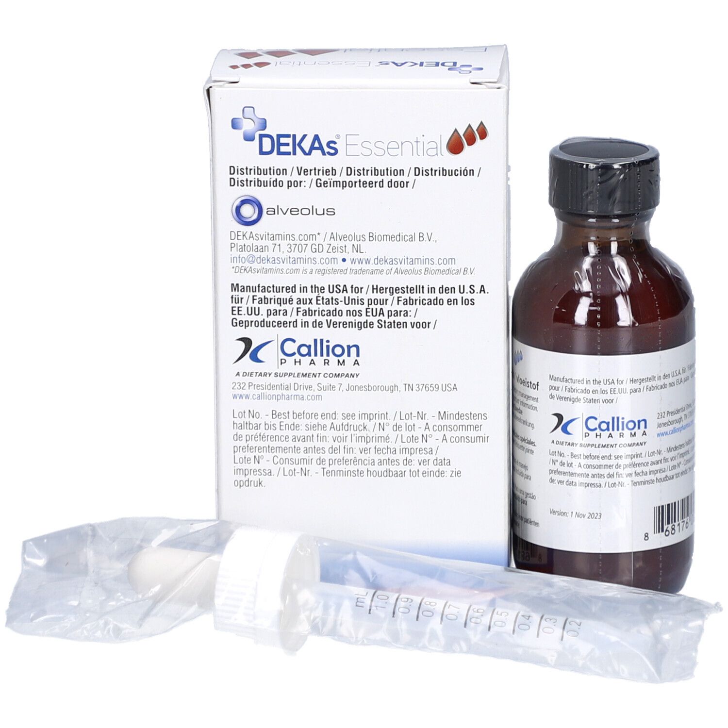 Emballage du produit, flacon, seringue et accessoires. DEKAS Essential, Callion Pharma.