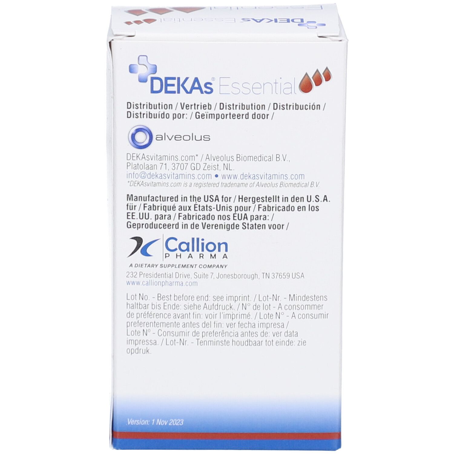 Emballage blanc du produit avec texte: DEKAS Essential. Callion Pharma.