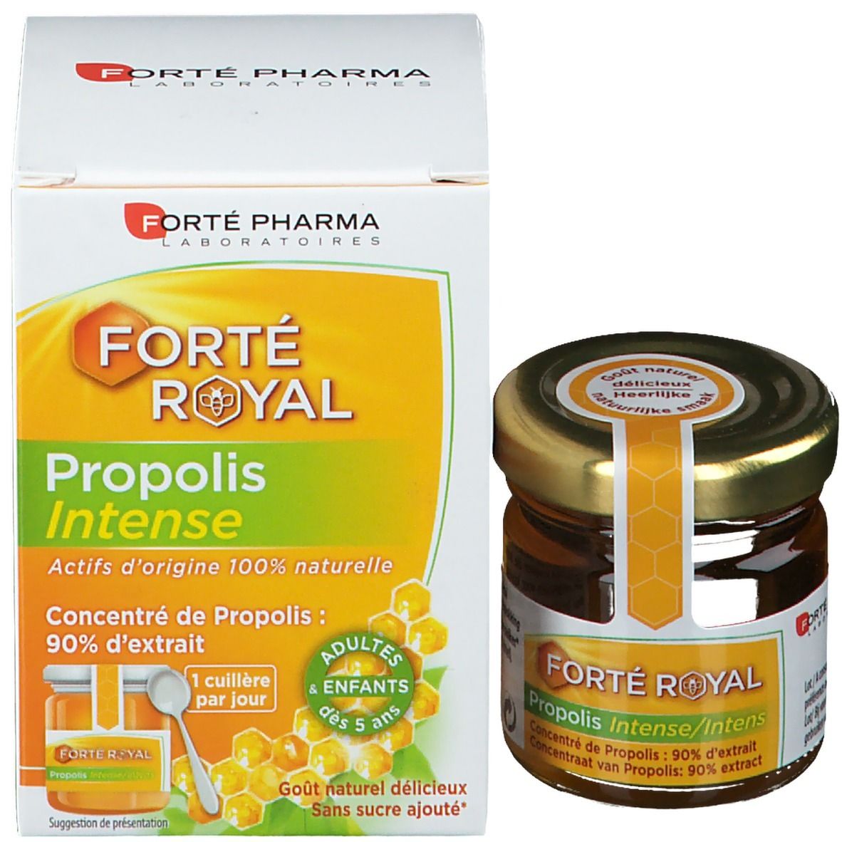Emballage et pot de Forté Royal Propolis Intense. Emballage: blanc, jaune, vert. Texte: Propolis Intense, extrait 90%.