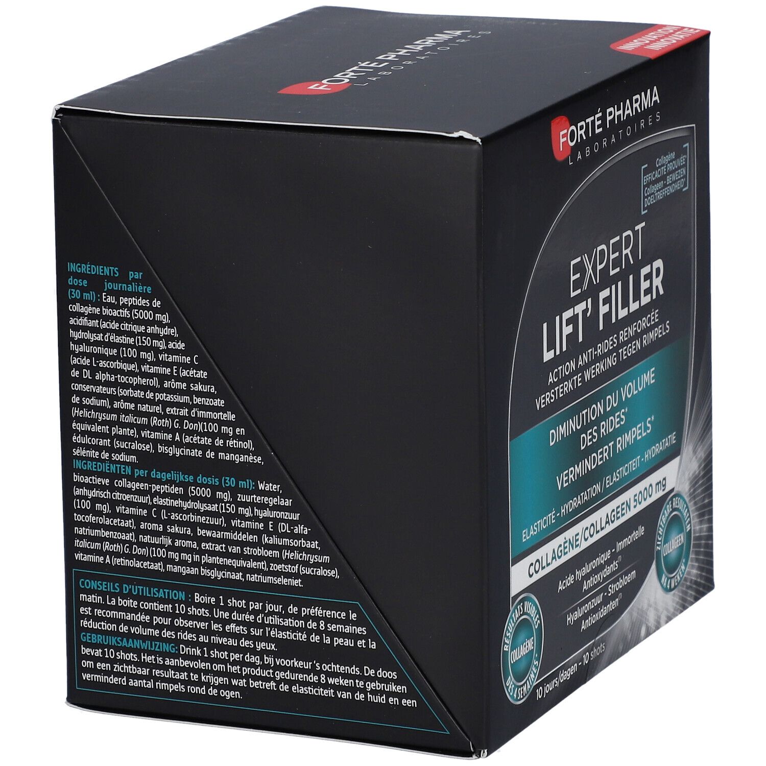 Boîte EXPERT LIFT' FILLER. Emballage noir avec nom et logo du produit. Contient 10 shots.