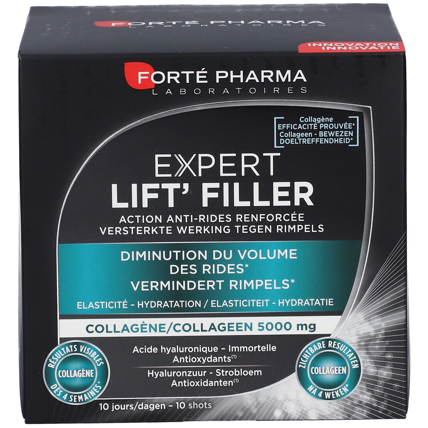 Boîte EXPERT LIFT' FILLER. Emballage noir avec nom et logo du produit. Contient 10 shots.