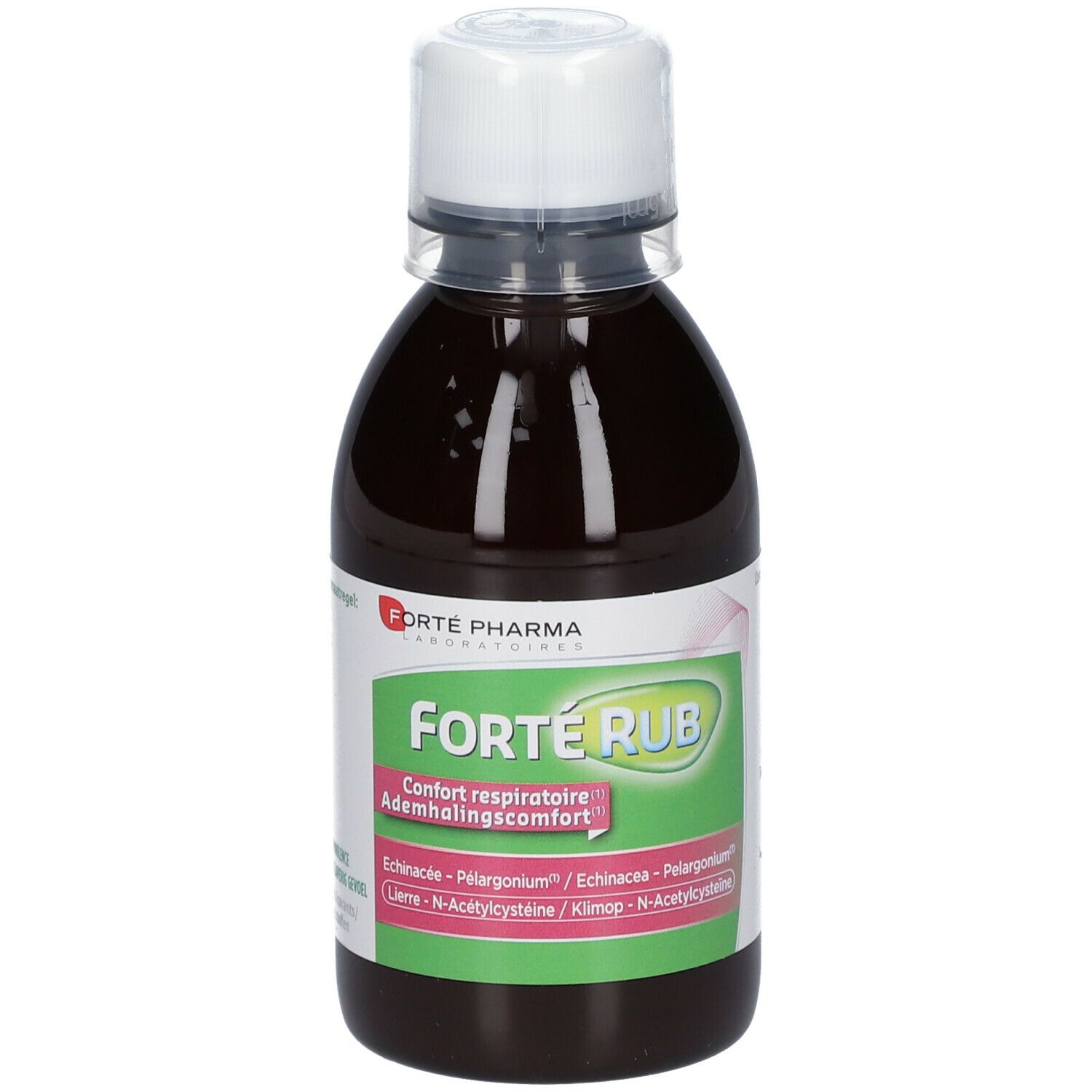 Flacon de liquide brun avec bouchon blanc. Étiquette "ForteRub" et "Confort respiratoire".