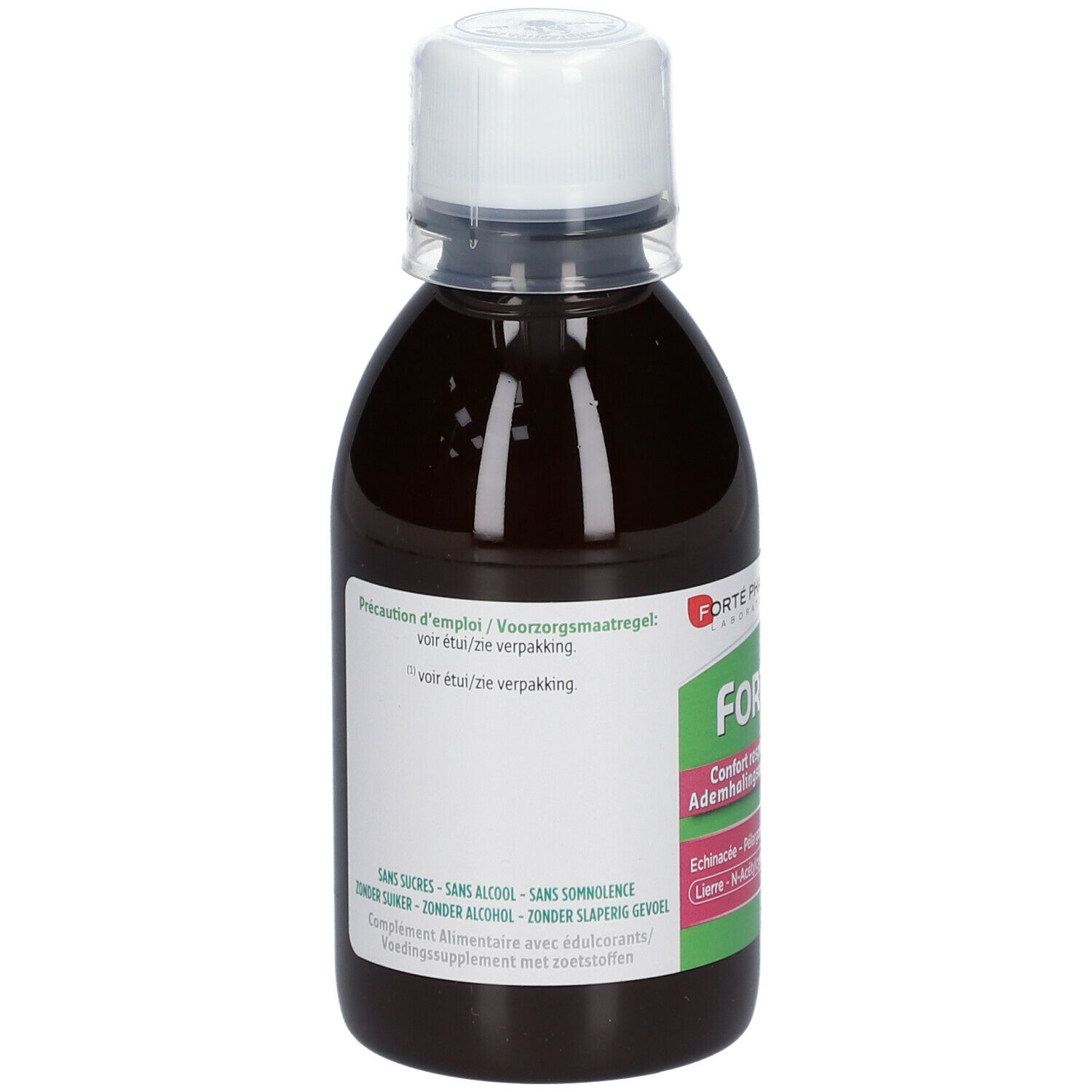 Dos d'une bouteille de liquide brun avec bouchon blanc. Texte sur l'étiquette.