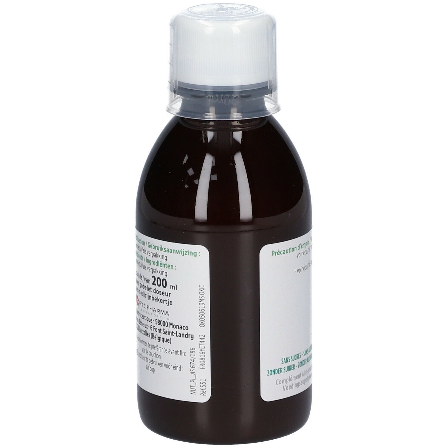 Vue arrière d'une bouteille de liquide brun avec bouchon blanc. Étiquette avec texte.