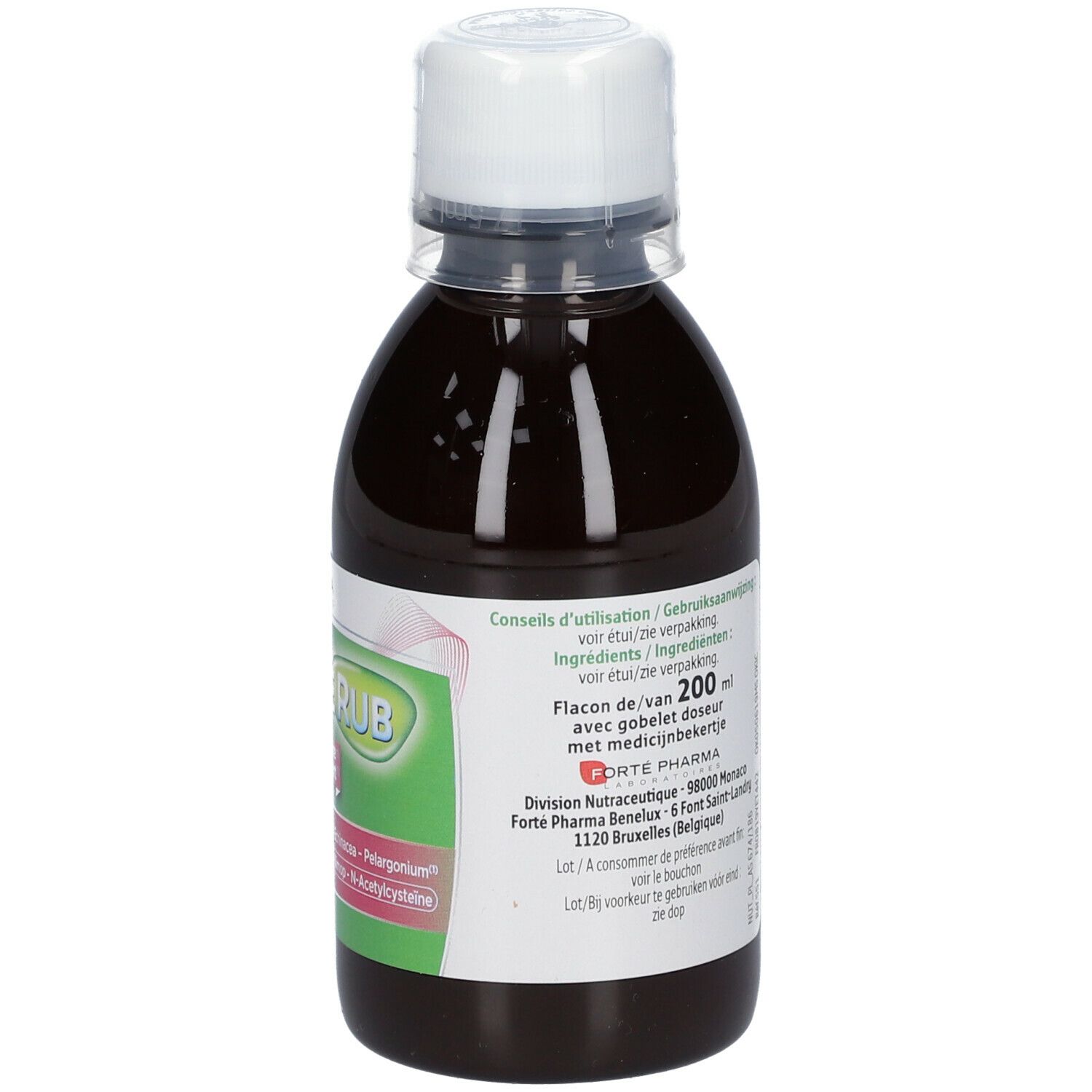 Bouteille de liquide brun avec bouchon blanc. Étiquette avec texte, dont "200 ml".