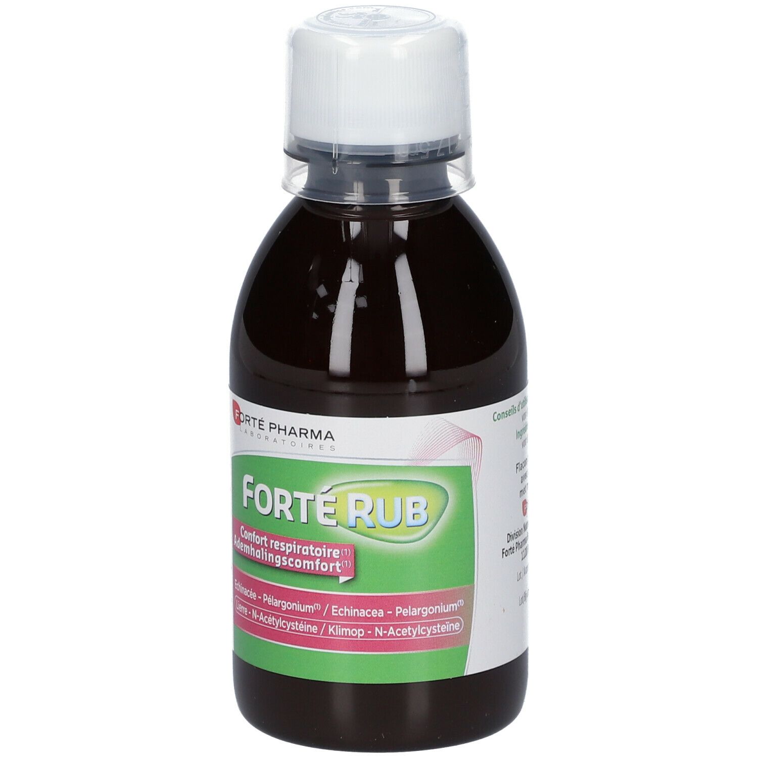 Bouteille de liquide brun avec bouchon blanc. Étiquette "ForteRub" et "Confort respiratoire".