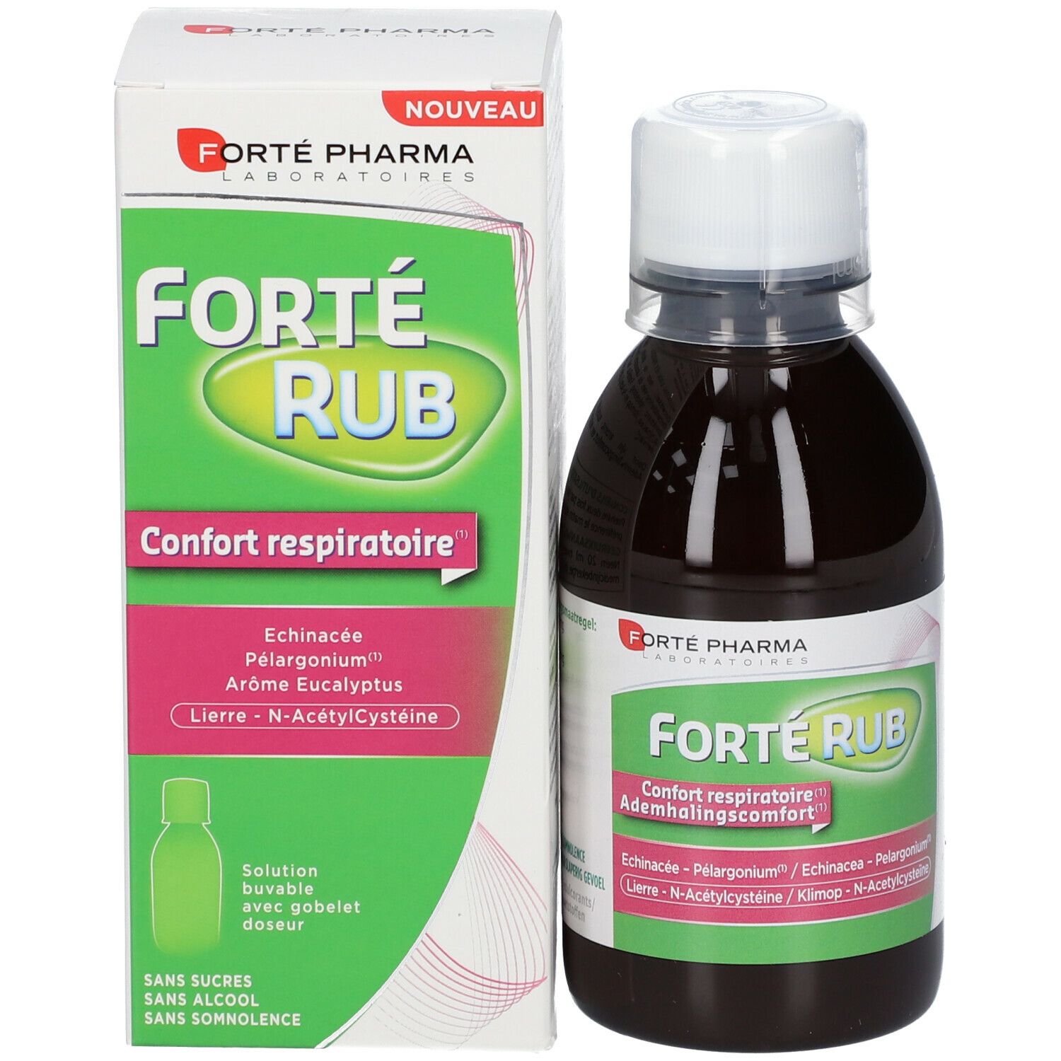Bouteille et boîte. Sur la bouteille, "ForteRub". Sur la boîte, "Nouveau".