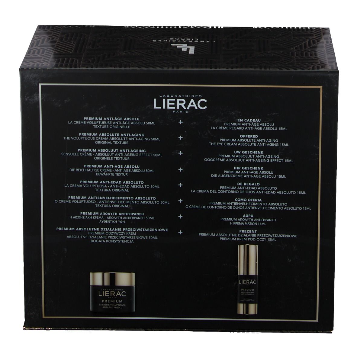 Dos du coffret cadeau avec descriptions et logos. Texte : Lierac Premium Anti-Âge Absolu.
