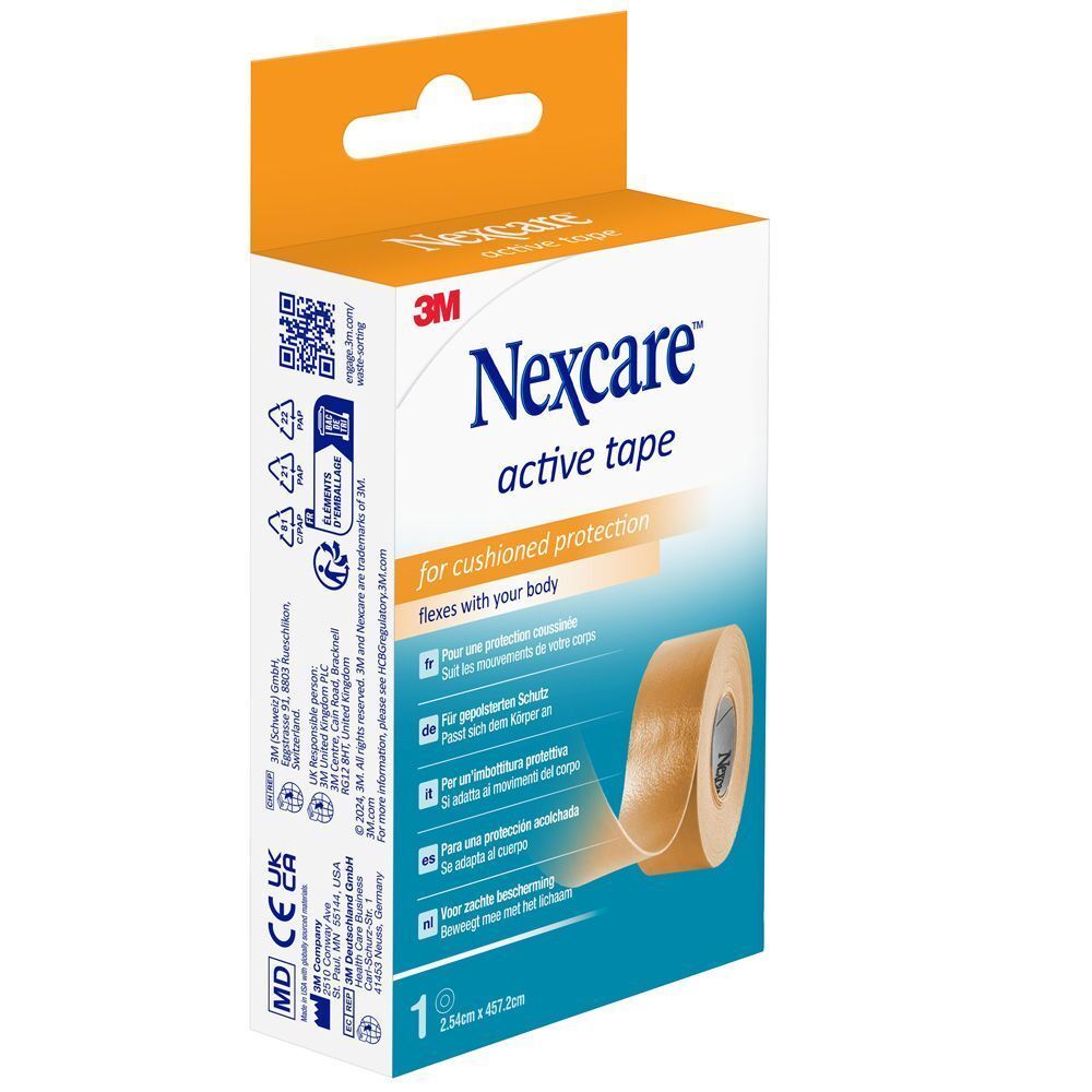 Boîte de Nexcare active tape. Rouleau beige, 2,54 cm x 4,57 m. Boîte orange avec nom du produit.