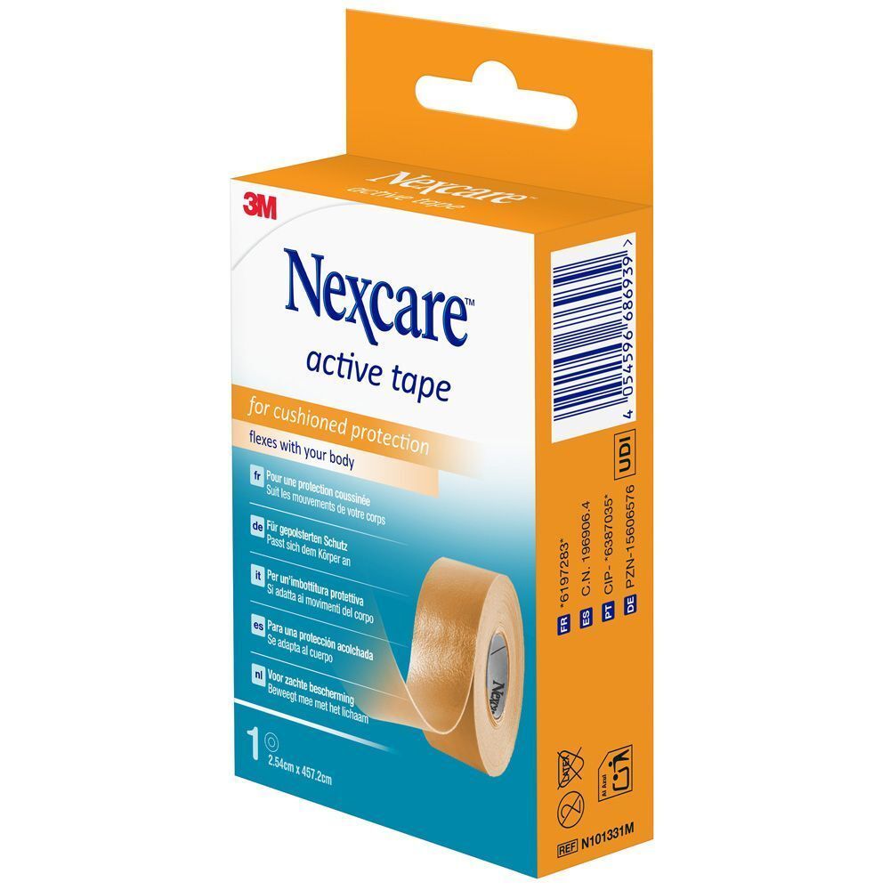 Boîte de Nexcare active tape. Rouleau beige, 2,54 cm x 4,57 m. Boîte orange avec nom du produit.