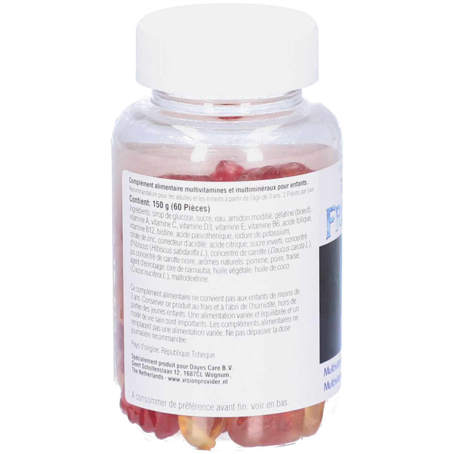 Flacon transparent avec bouchon blanc. Contient des gommes rouges et jaunes. Étiquette avec informations produit.