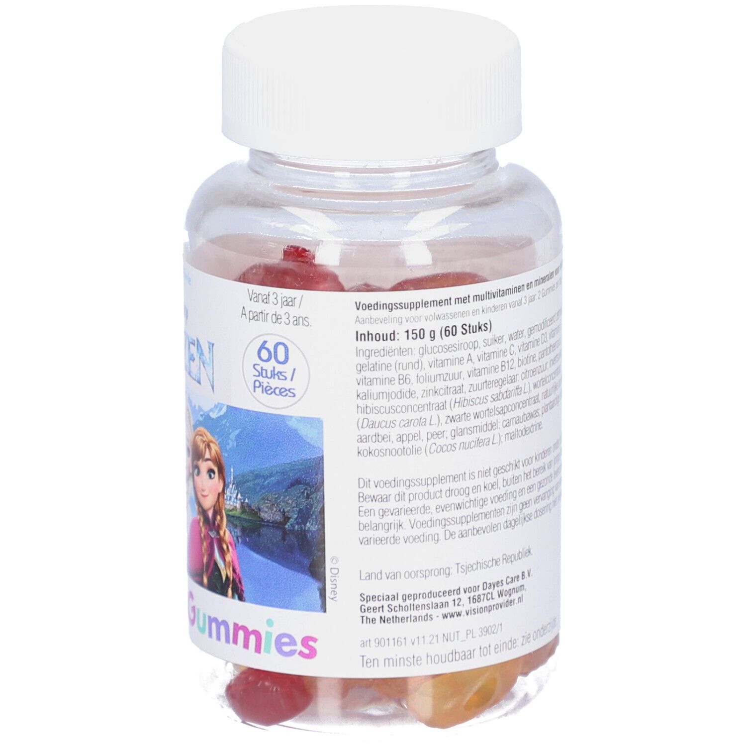 Flacon transparent avec bouchon blanc. Contient des gommes rouges et jaunes. Étiquette avec informations et motif Frozen.