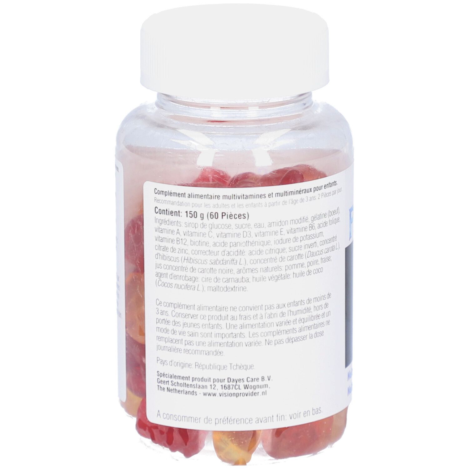 Flacon transparent avec bouchon blanc. Contient des gommes rouges et jaunes. Étiquette avec informations produit.