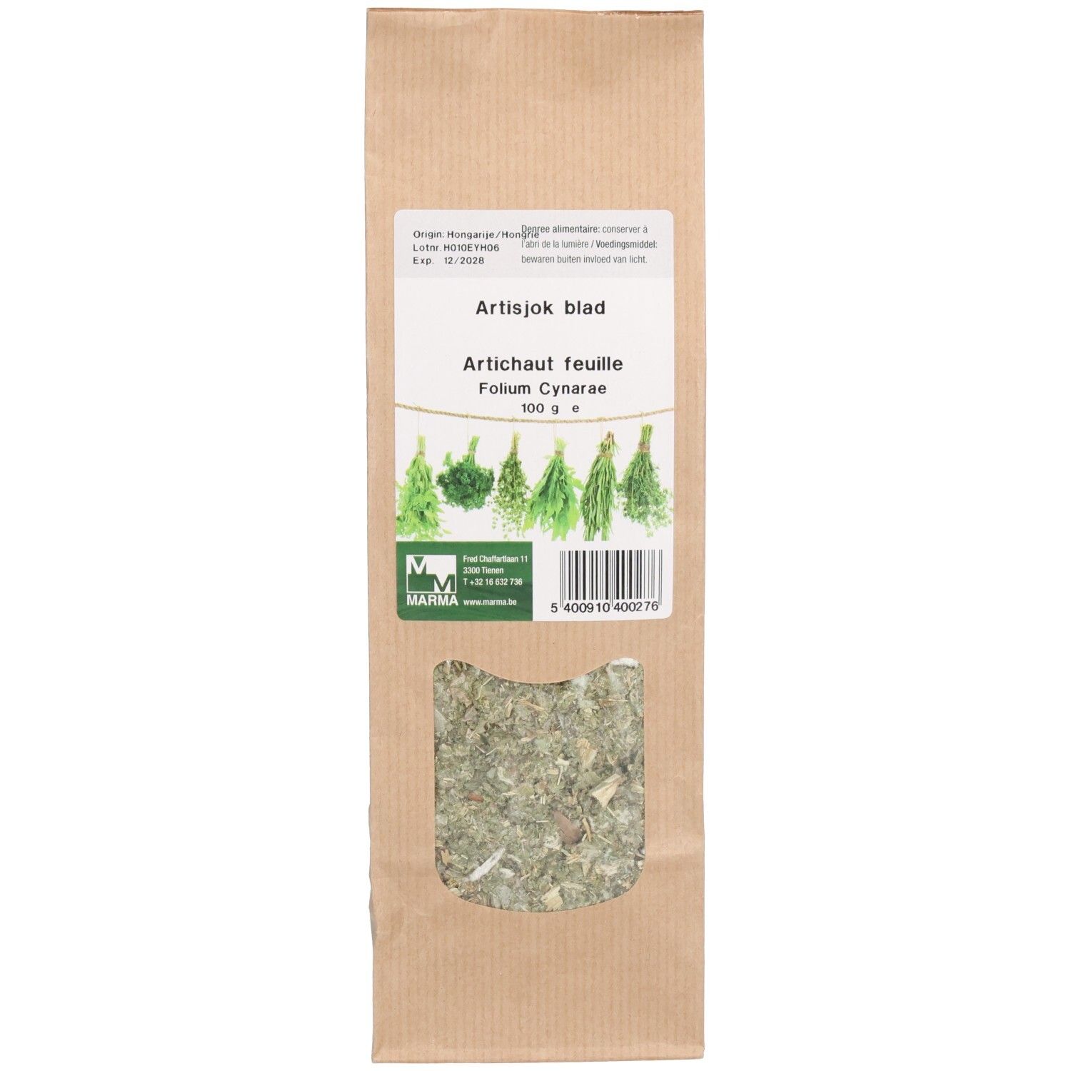 Sachet d'Artichaut feuille. Fenêtre transparente révélant le contenu. Étiquette avec nom du produit, nom botanique et logo.