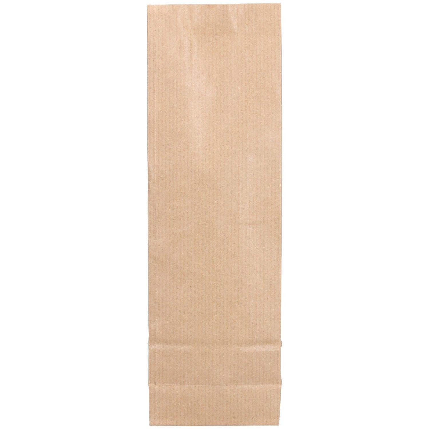 Sachet en papier brun à rayures verticales. Fermé, forme rectangulaire.