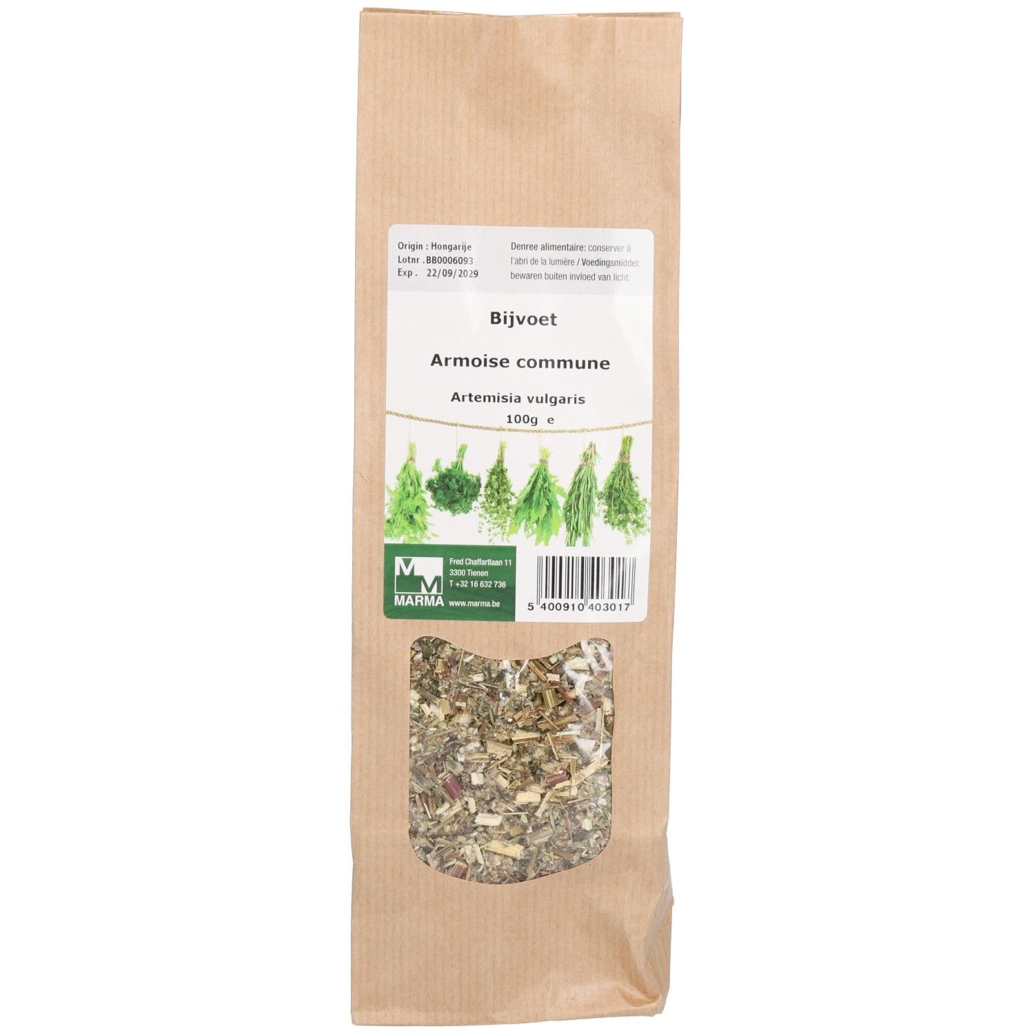 Sachet de Marma Bijvoetkruid. Fenêtre transparente révélant un mélange d'herbes. Inscriptions : Bijvoet, Armoise commune, Artemisia vulgaris.