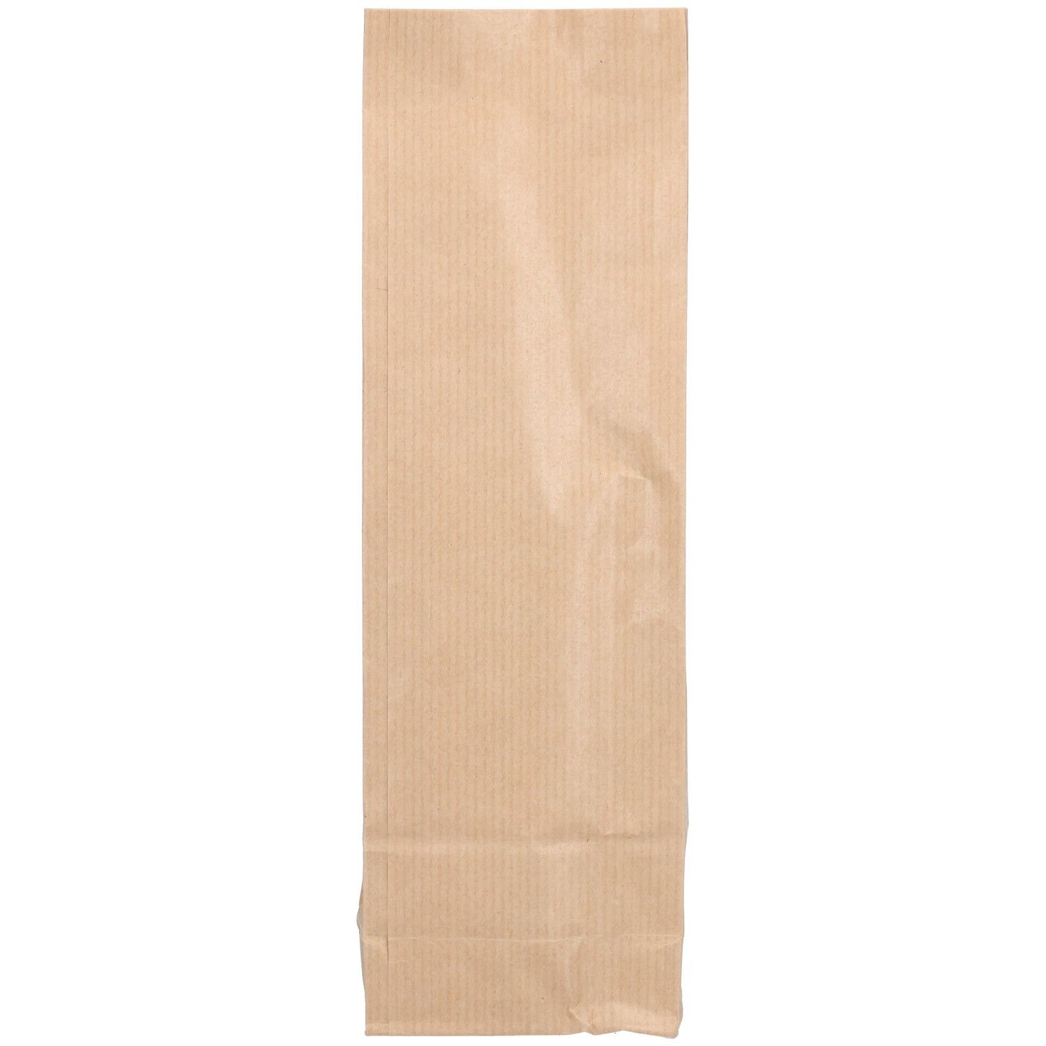 Sachet en papier brun à rayures verticales. Fermé, vide.