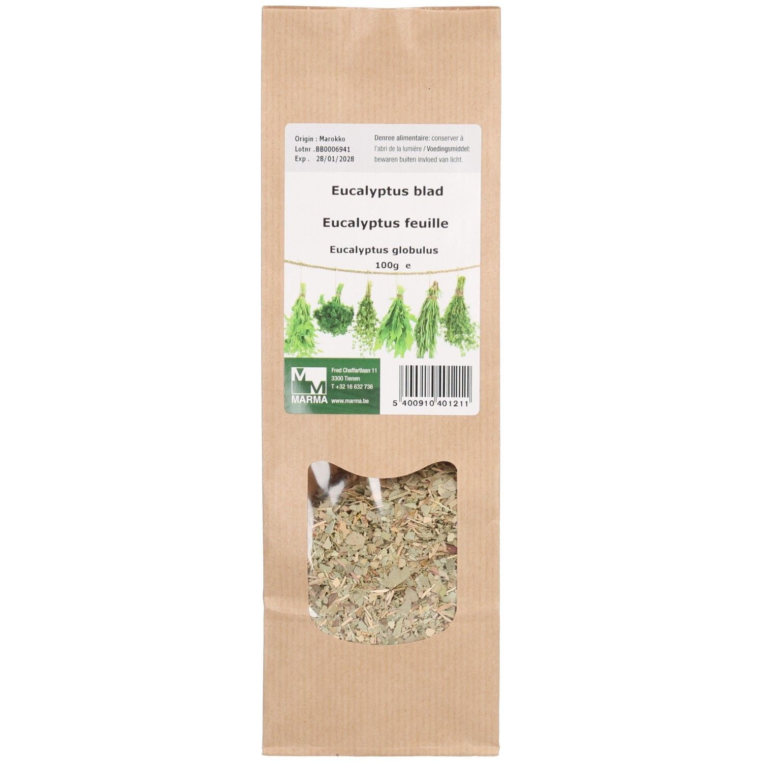 Sachet en papier avec feuilles séchées. Fenêtre révélant le contenu. Étiquette avec nom du produit, marque Marma et texte.
