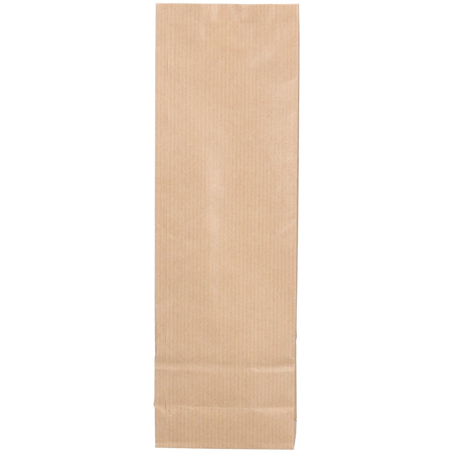 Sac en papier brun à rayures verticales. Sachet fermé, vide.