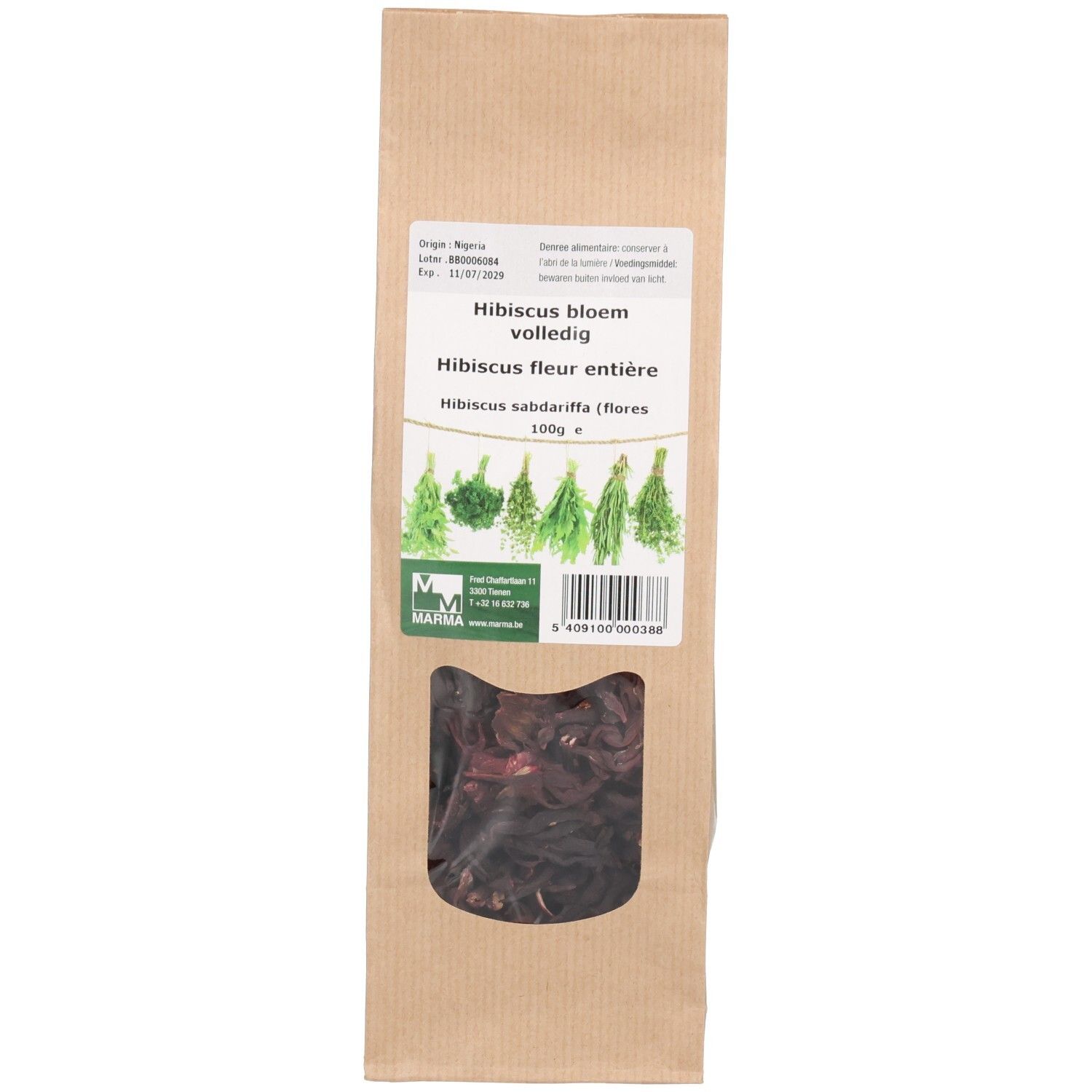 Sachet de fleurs d'hibiscus séchées. Fenêtre transparente révélant les fleurs. Informations produit et marque imprimées.