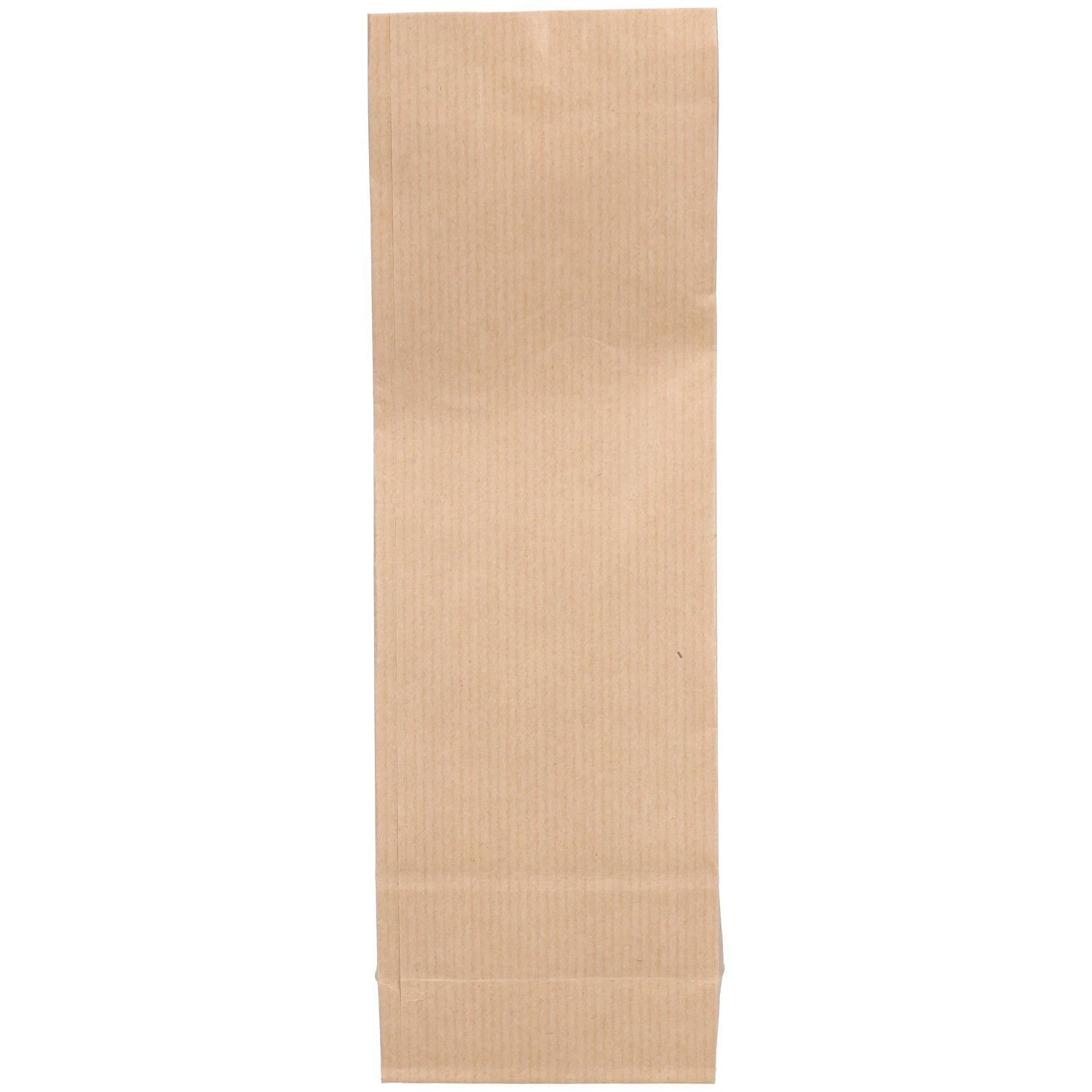 Sac en papier brun, allongé, à rayures verticales. Haut et bas fermés.