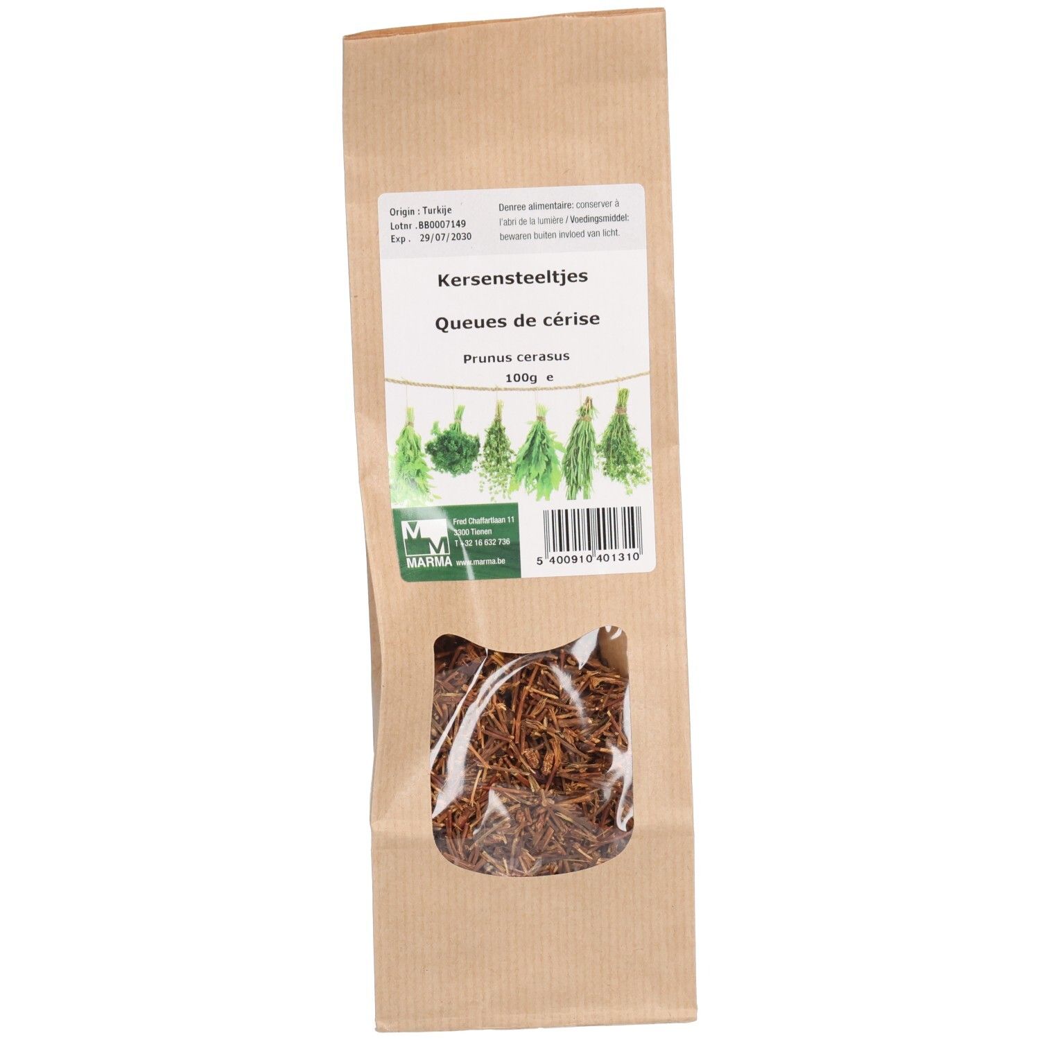 Sachet en papier brun avec fenêtre. Tiges de cerises séchées visibles. Texte: Queues de cerise, Prunus cerasus. Marque Marma.