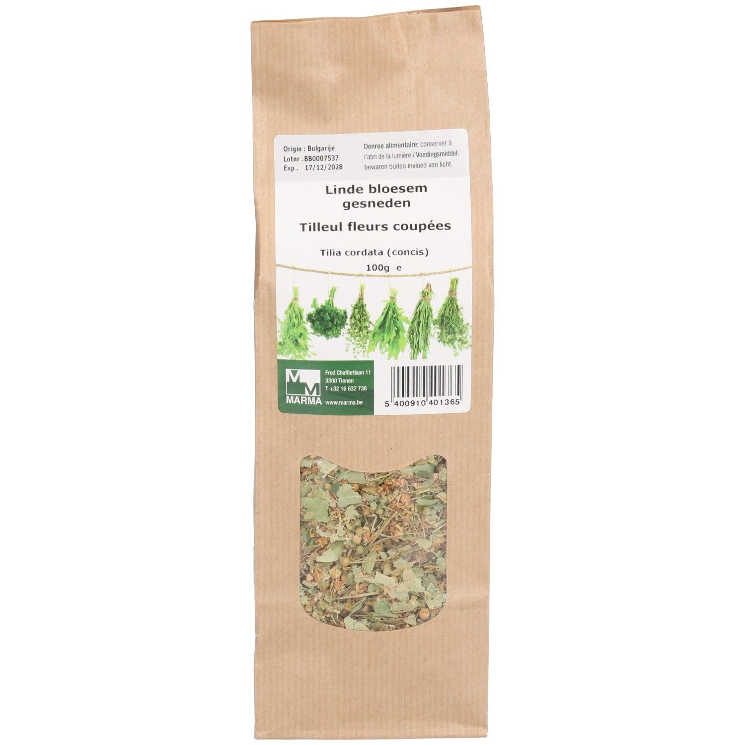 Sachet en papier brun avec fenêtre. Linde bloesem gesneden, Tilia cordata. Logo Marma. Herbes visibles dans la fenêtre.