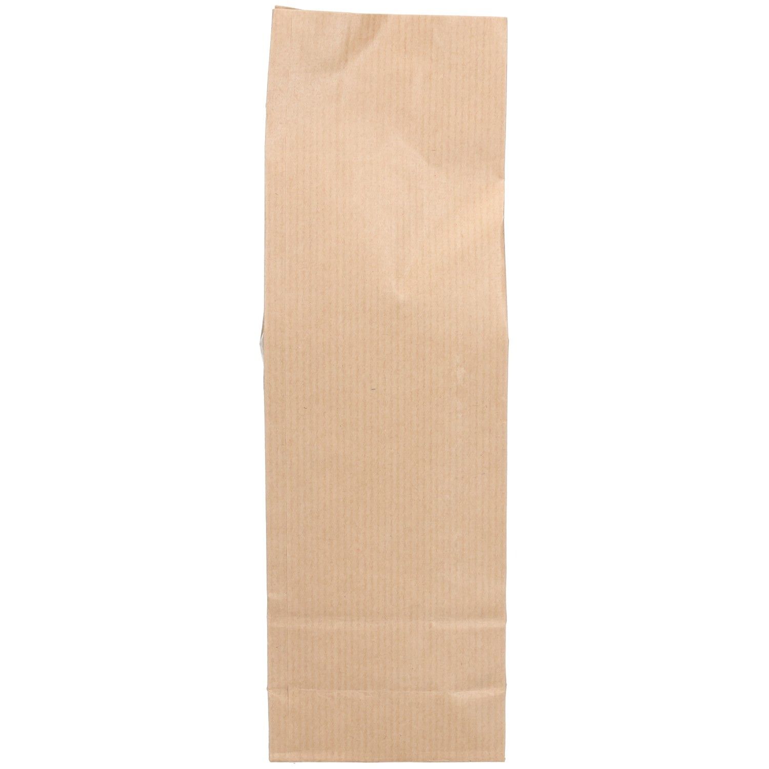 Sachet en papier brun vide. Structure à rayures verticales. Haut légèrement froissé.