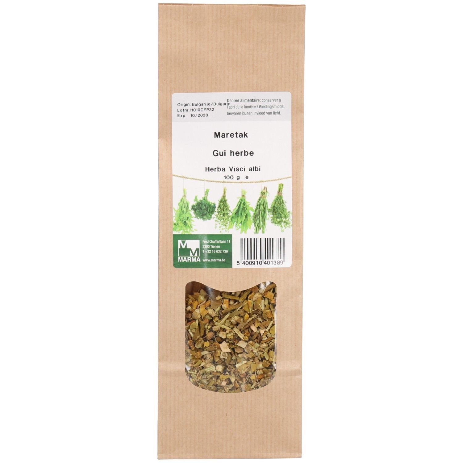Sachet en papier brun avec fenêtre. Étiquette avec nom du produit, illustrations d'herbes et code-barres. Contenu: herbes séchées.