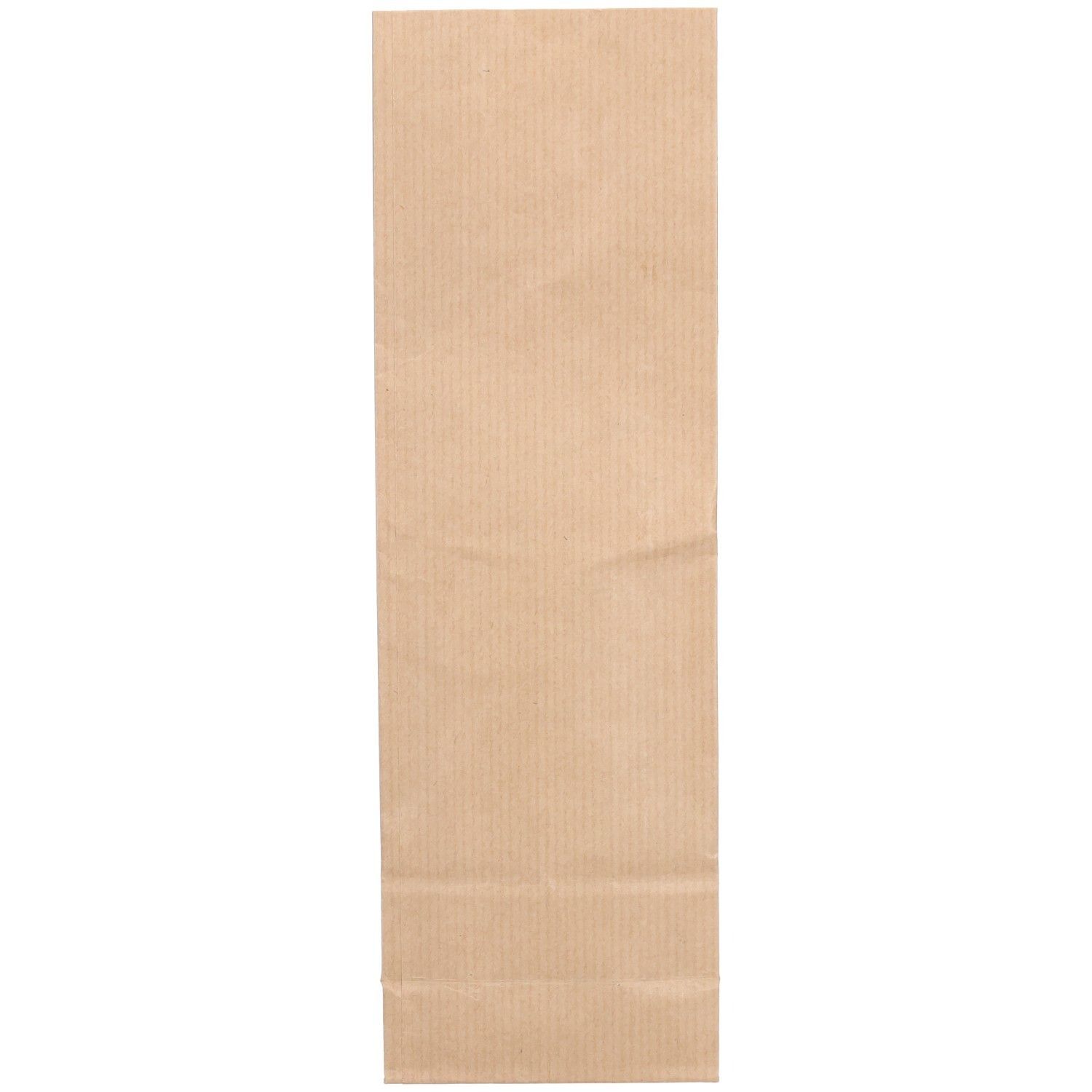 Sachet de papier brun, allongé, à rayures verticales. Face avant sans impression ni fenêtre. Sachet fermé.