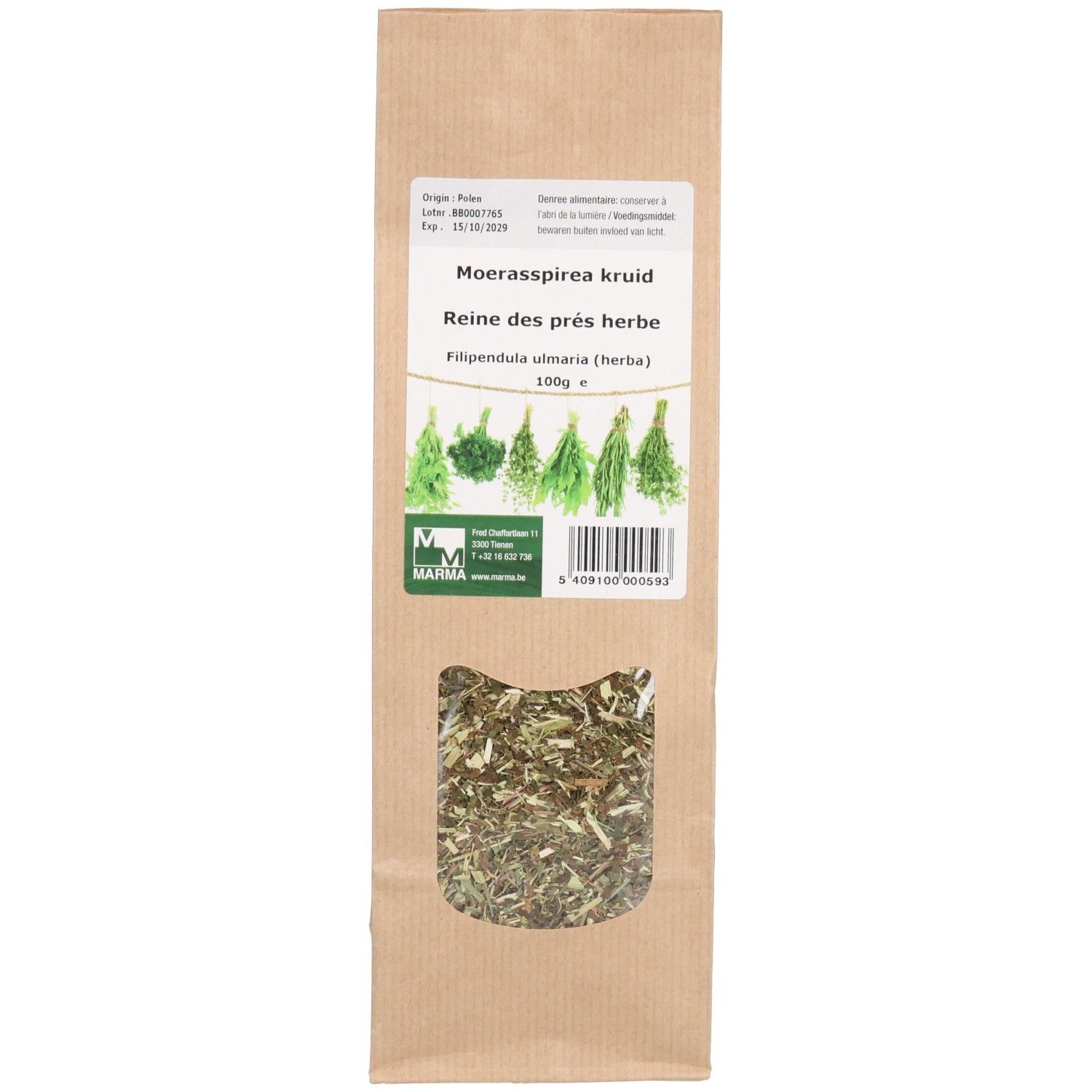 Sachet de Marma Moerasspirea Kruid. Fenêtre transparente révélant des herbes. Texte: Reine des prés herbe, Filipendula ulmaria (herba).