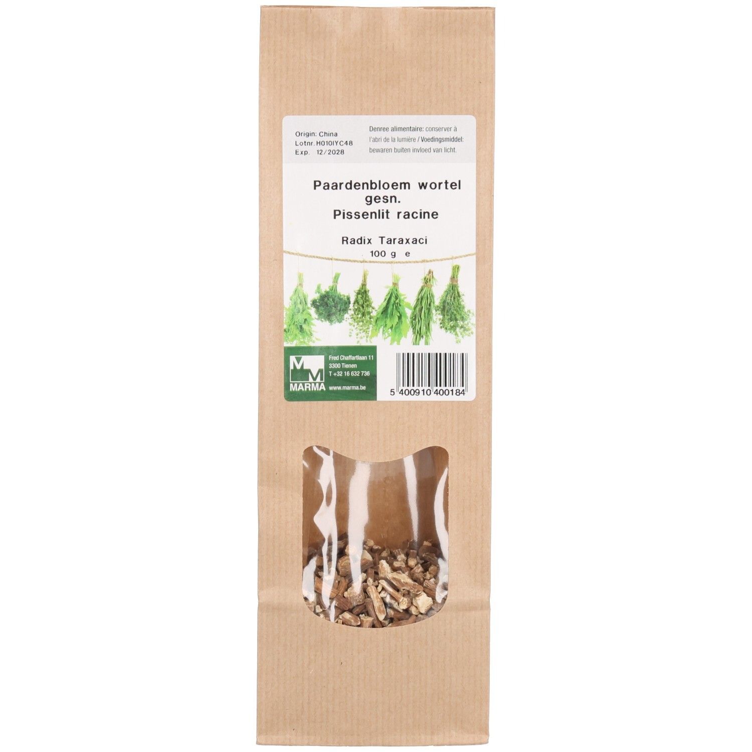 Sachet en papier brun avec fenêtre. Contenu : morceaux de racines séchées. Impression avec informations et logo.