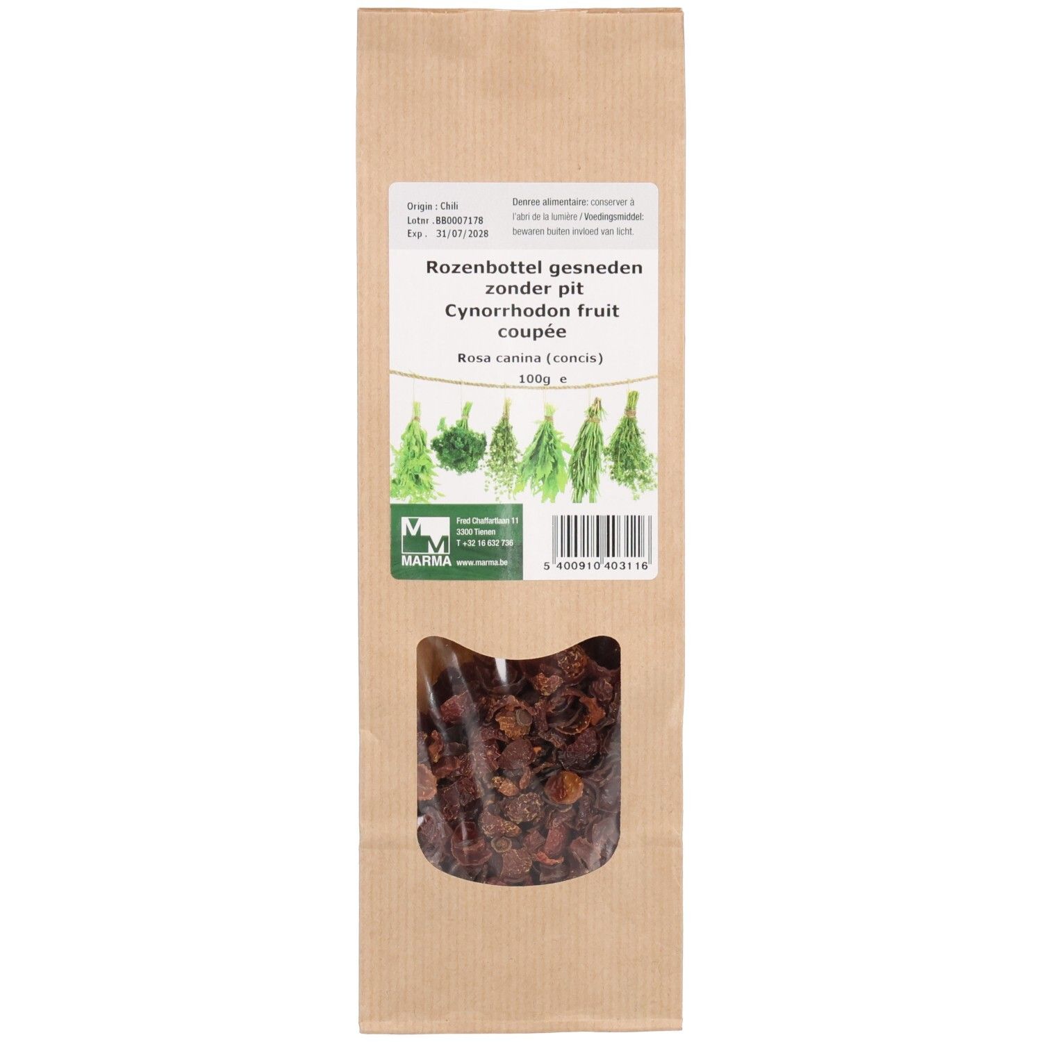 Sachet de cynorrhodon coupé. Fenêtre transparente révélant le produit. Texte: Marma, Rozenbottel gesneden, Rosa Canina.