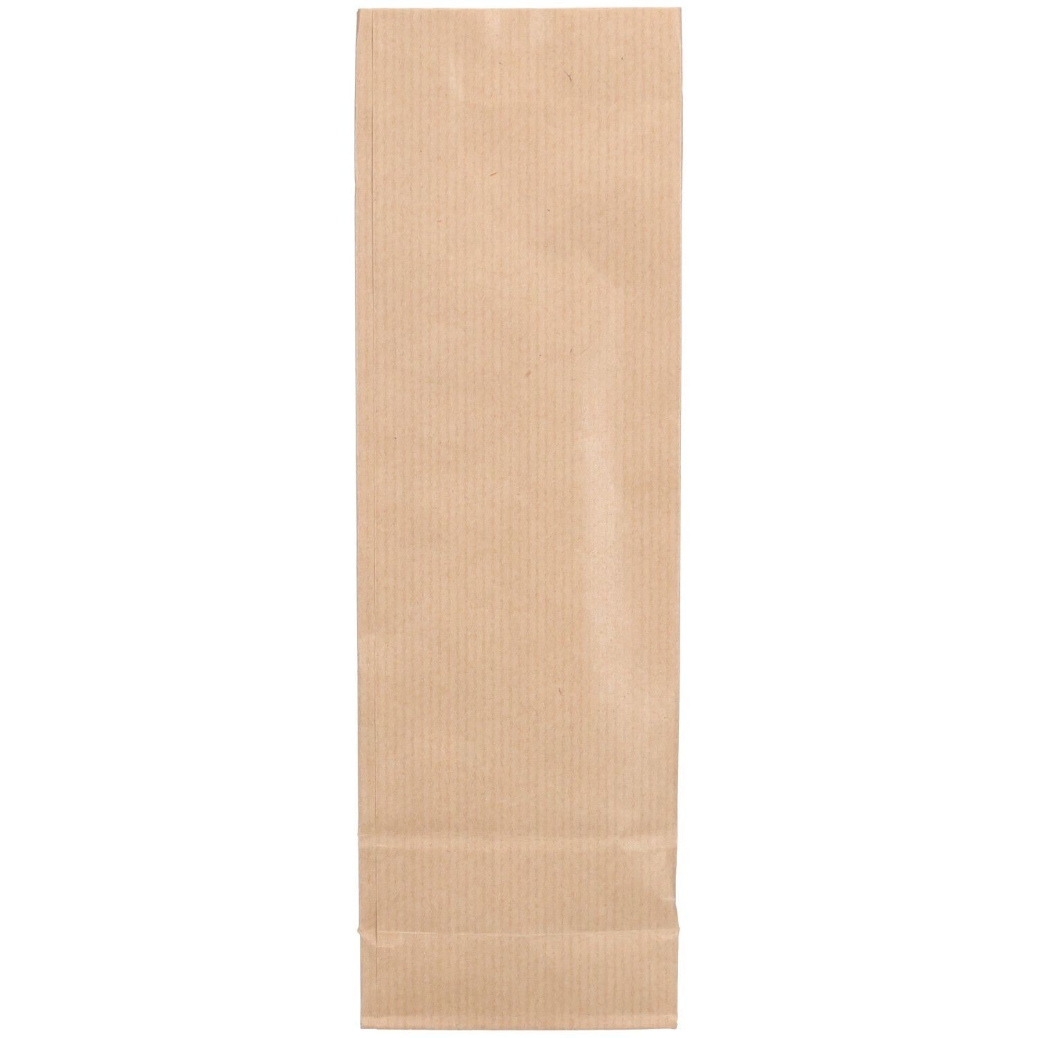Sachet en papier brun vide, à rayures verticales.