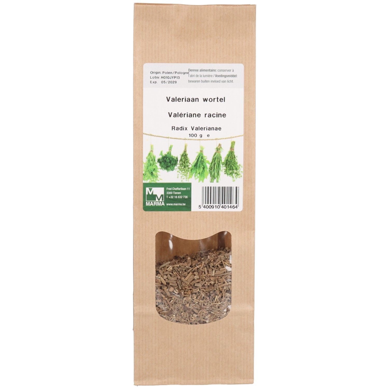 Sachet en papier brun avec fenêtre. Inscription: Valeriana wortel, Valeriane racine, Radix Valerianae. Logo Marma.