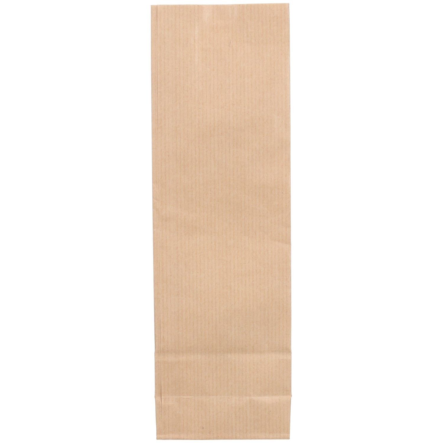 Sachet en papier brun, allongé, à rayures verticales. Vue de face, vide.