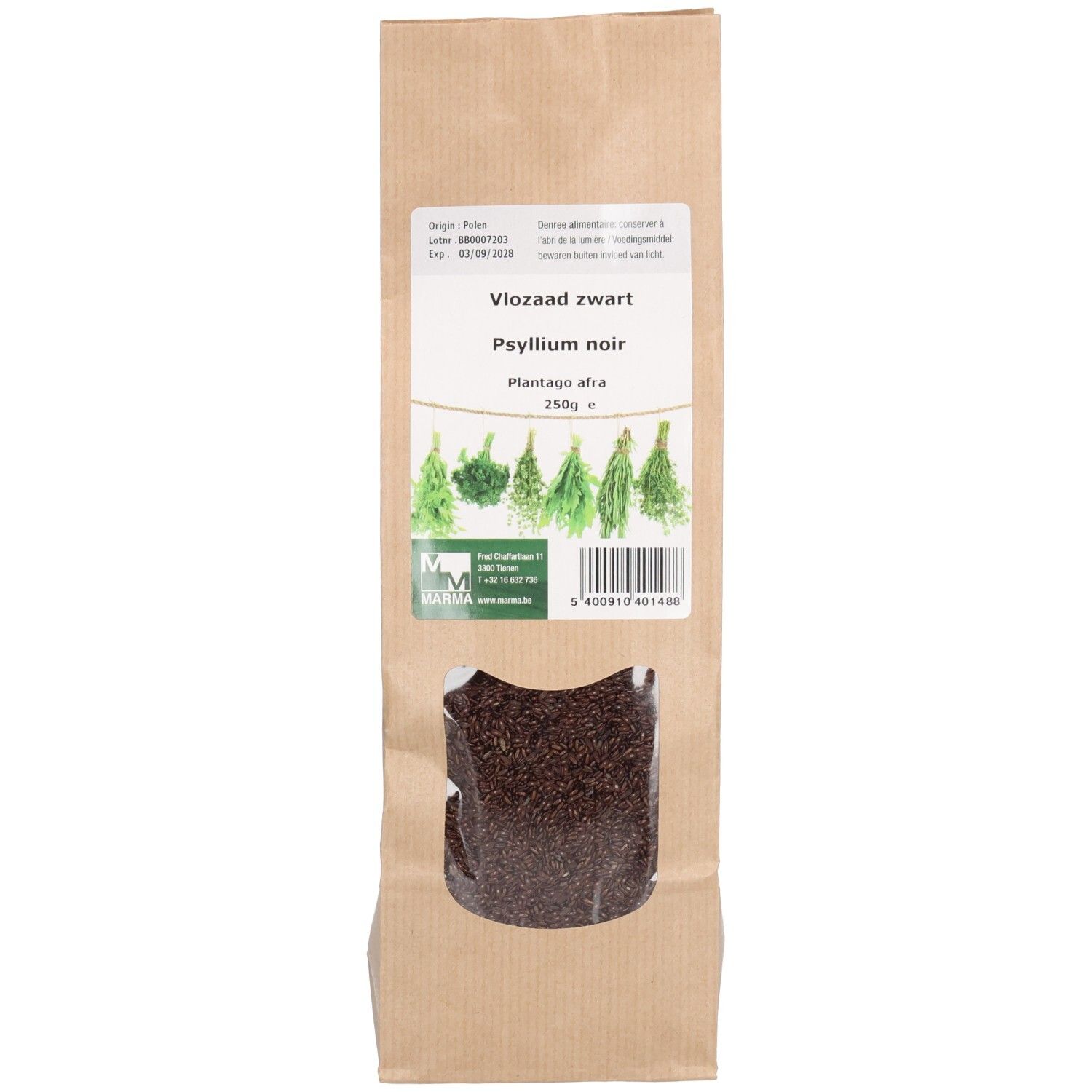 Sachet de graines de psyllium noir. Fenêtre transparente révélant le contenu. Inscriptions : 'Vlozaad zwart', 'Psyllium noir', 'Plantago afra'.
