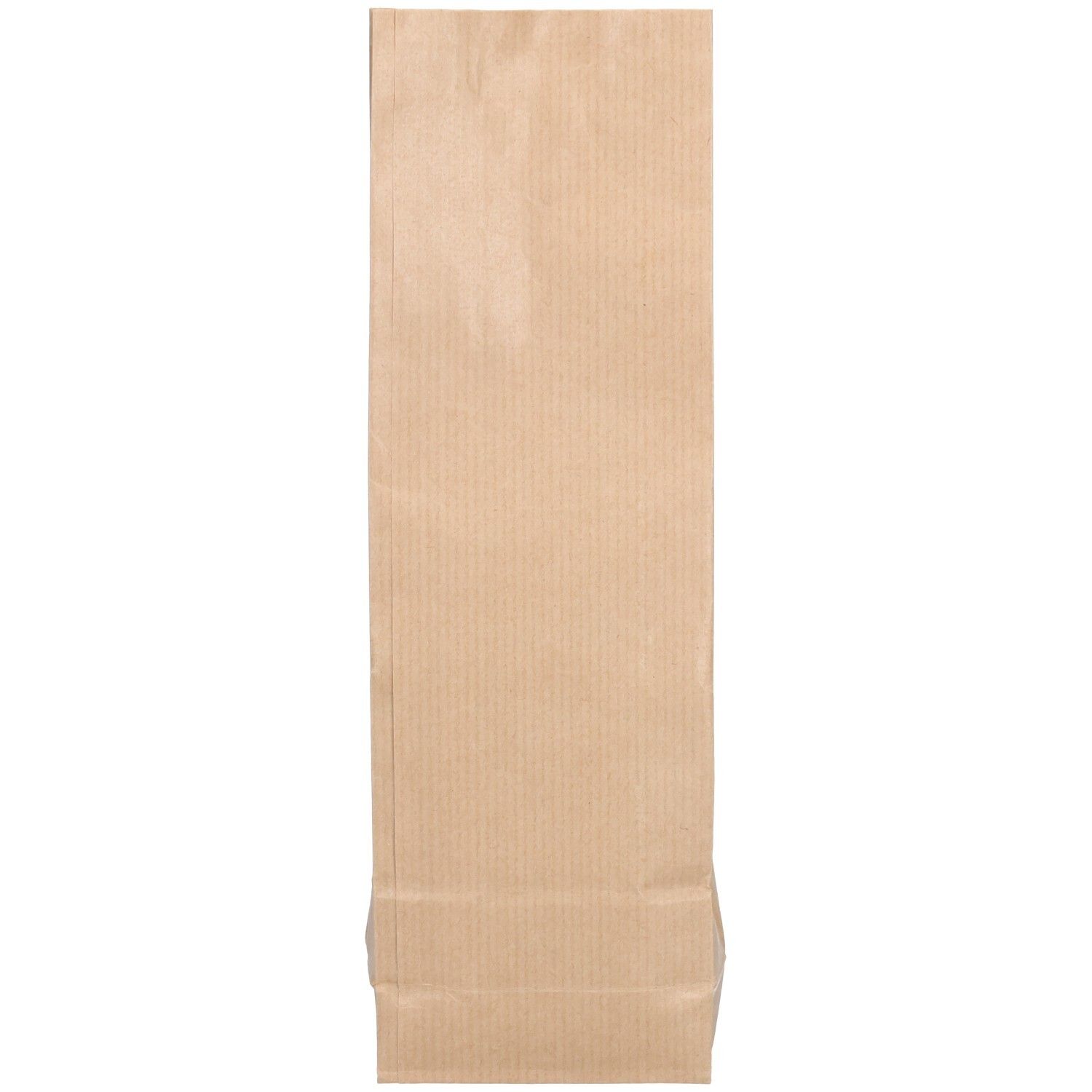 Sachet en papier brun, rayures verticales. Fermé, forme rectangulaire.