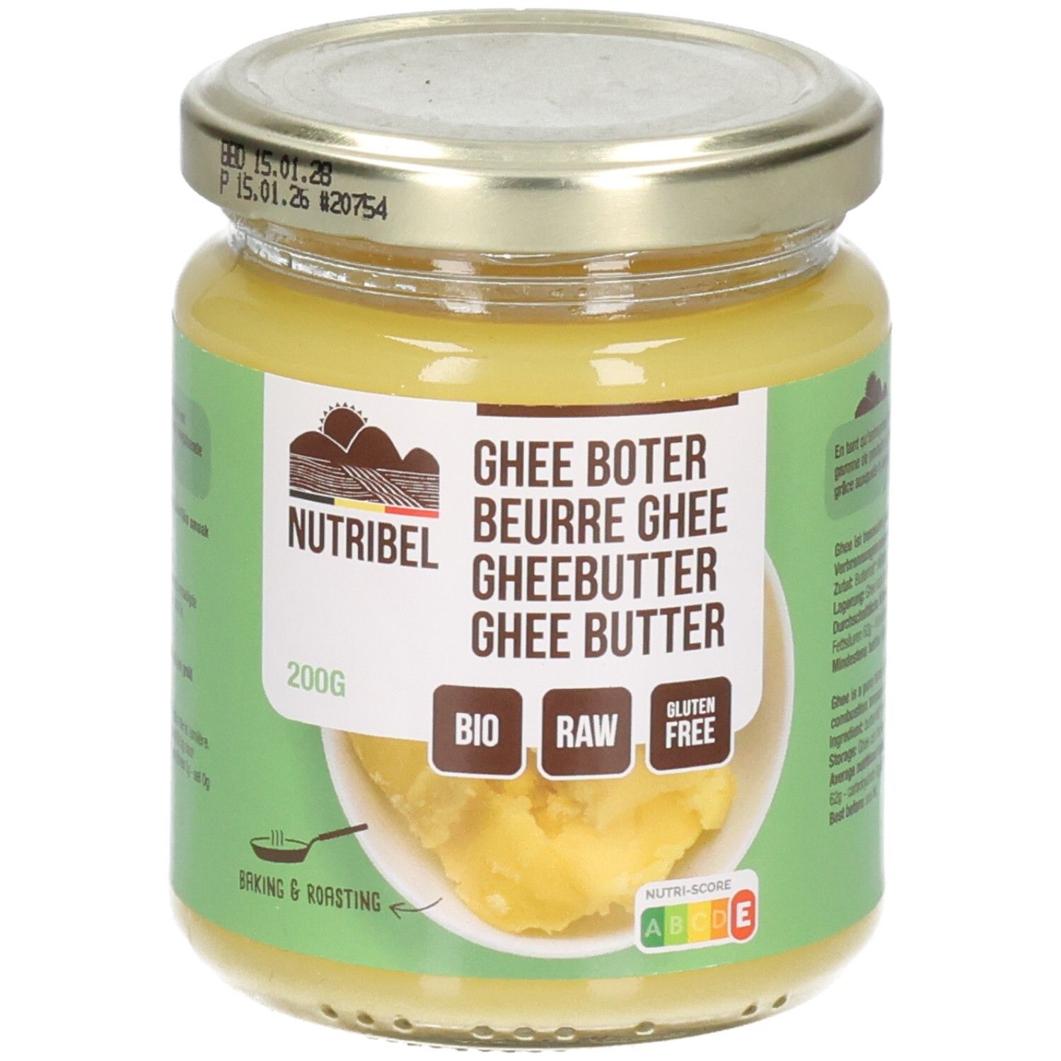 Pot de beurre clarifié. Inscriptions: Nutribel, Ghee Boter, Bio, Raw, Sans gluten. 200g. Couvercle avec date.