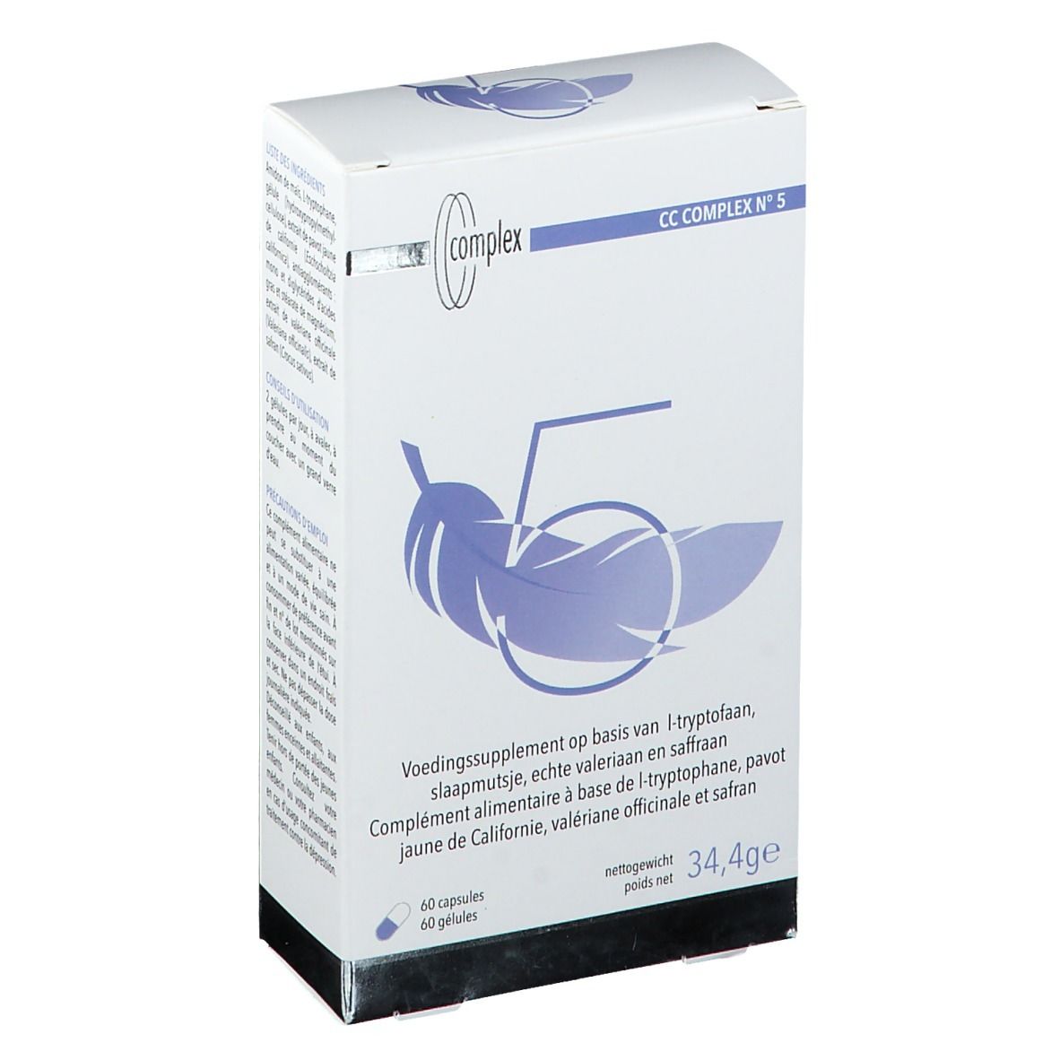 Boîte blanche avec informations produit et logo. Inscription: CC COMPLEX N°5. Illustration d'une plume.