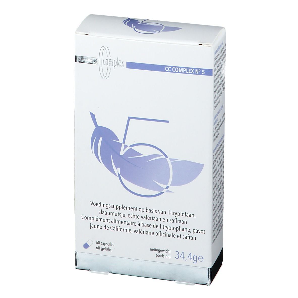 Boîte blanche avec informations produit et logo. Inscription: CC COMPLEX N°5. Illustration d'une plume.