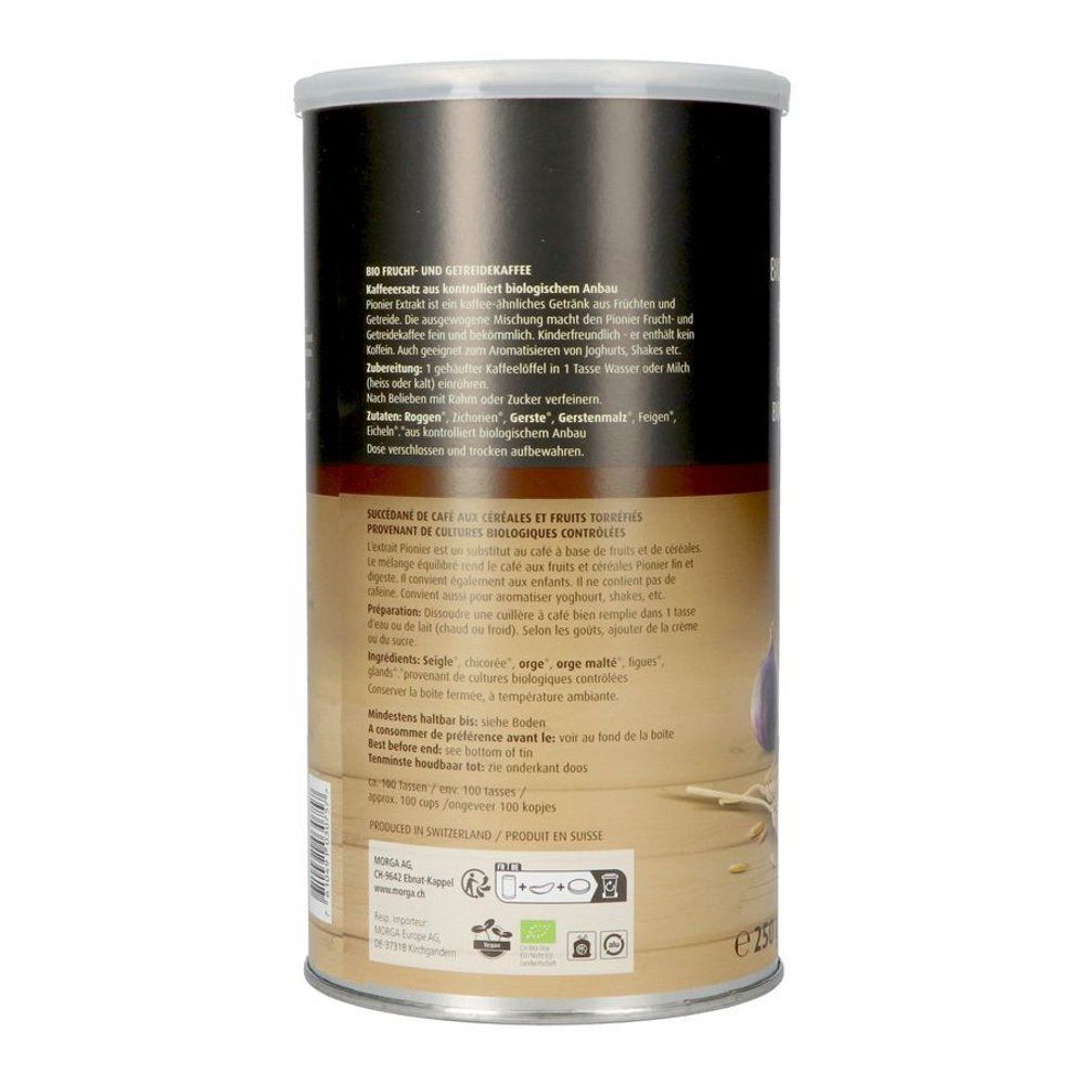 Dos de la boîte. Texte en allemand, français, néerlandais. Certification bio. 250g. Fond bois.