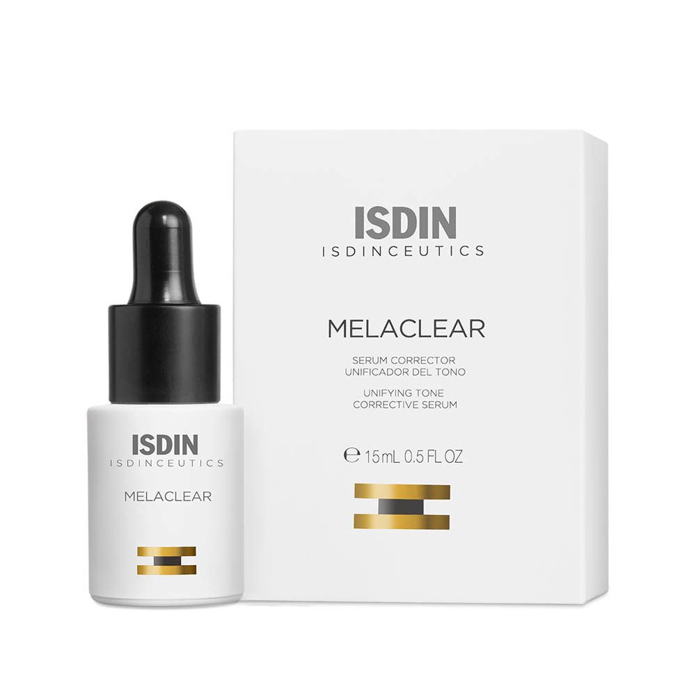 Flacon et emballage ISDIN Isdinceutics Melaclear Serum. Flacon blanc, bouchon noir, et boîte à côté.
