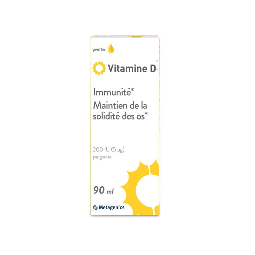 Boîte de Vitamine D. Inscriptions : Vitamine D, immunité, maintien des os, 90 ml, Metagenics.