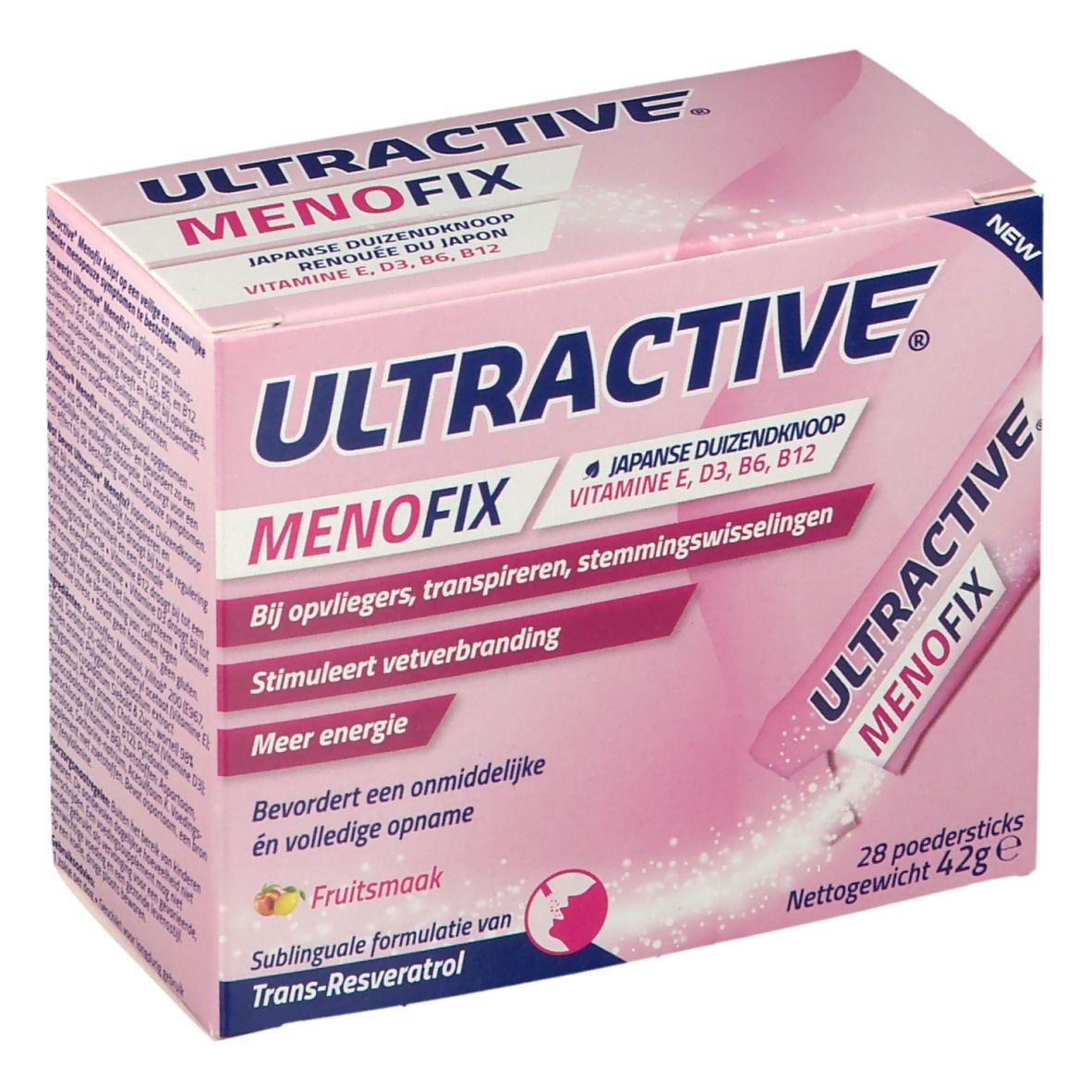 Boîte rose avec "ULTRACTIVE" et "MENOFIX". Contient 28 sticks de poudre. Inscription: Renouée du Japon, Vitamine E, D3, B6, B12.