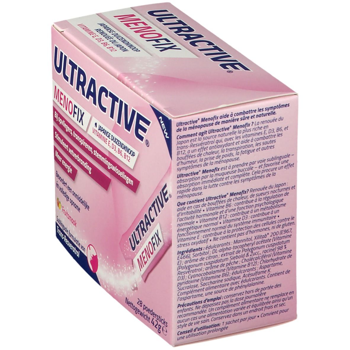 Boîte rose avec "ULTRACTIVE" et "MENOFIX". Contient 28 sticks de poudre. Inscription: Renouée du Japon, Vitamine E, D3, B6, B12.