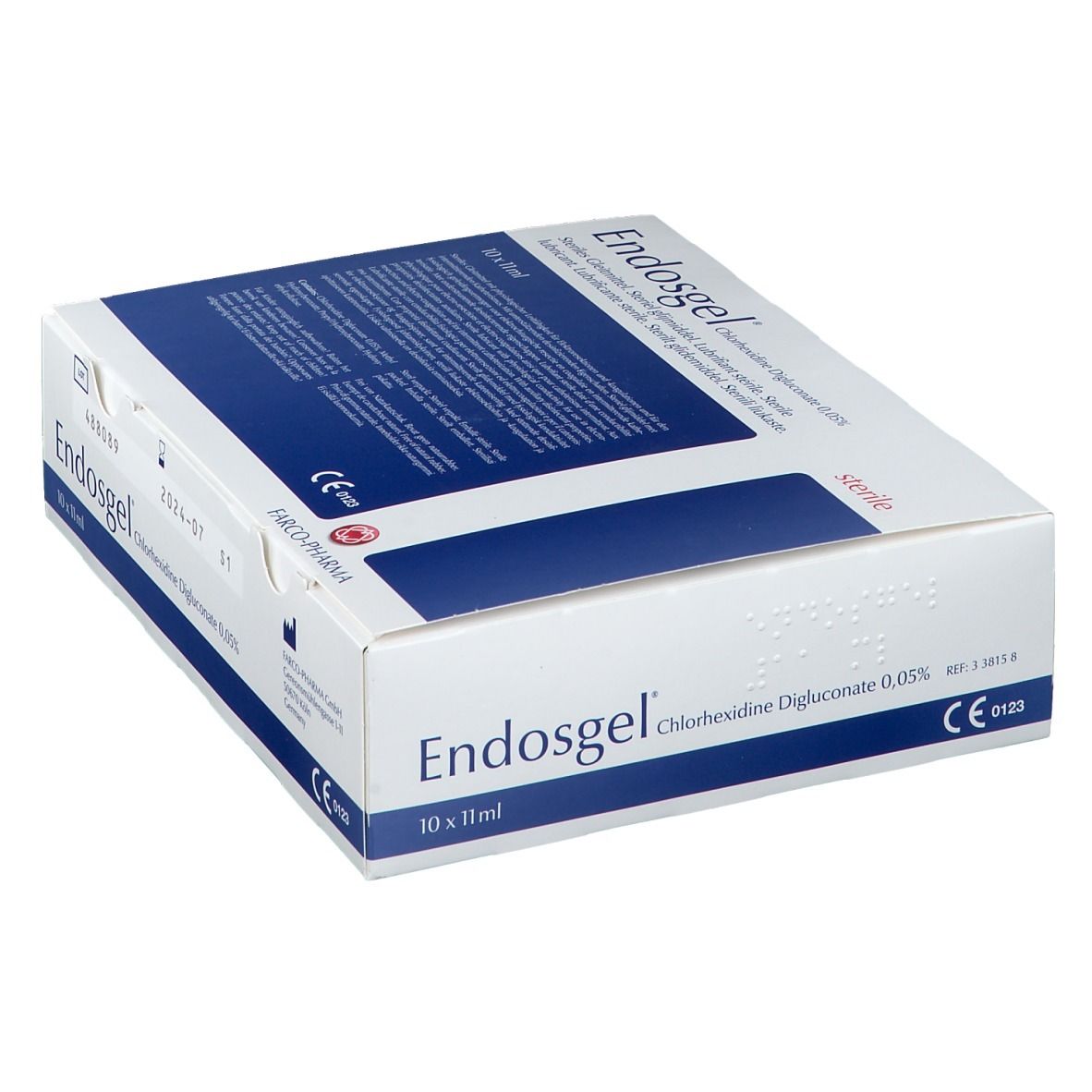 Boîte "Endosgel", emballage bleu et blanc. Contient du digluconate de chlorhexidine 0,05%. Marquage CE.