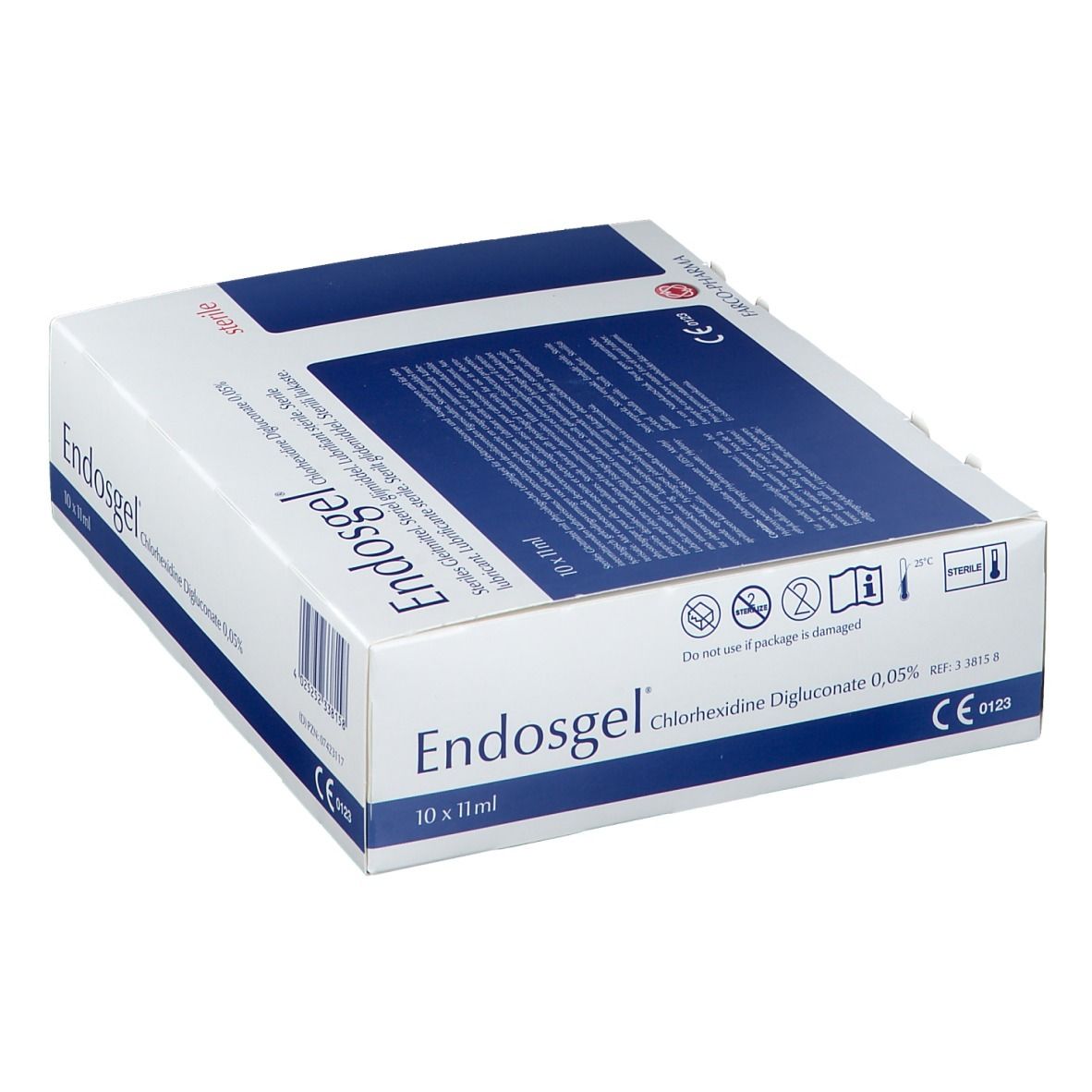 Boîte "Endosgel", emballage bleu et blanc. Contient du digluconate de chlorhexidine 0,05%. Marquage CE.